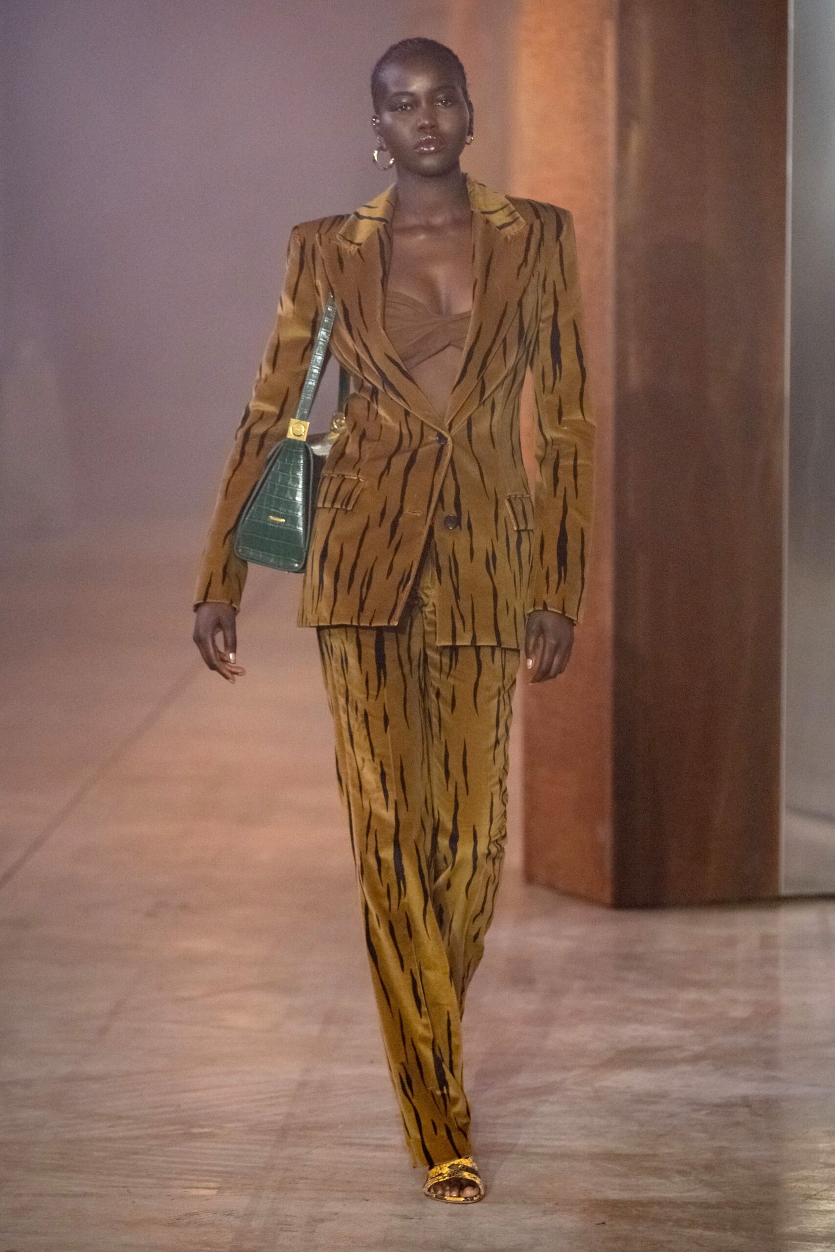 brown striped tailored suit