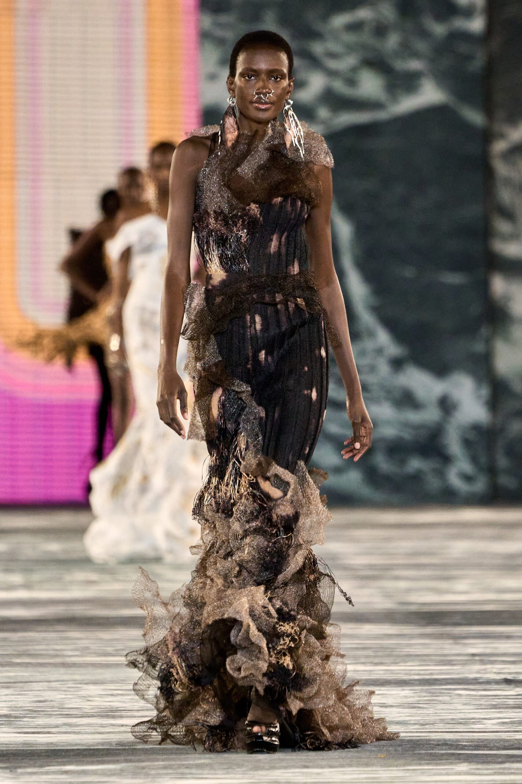black and brown ruffled gown