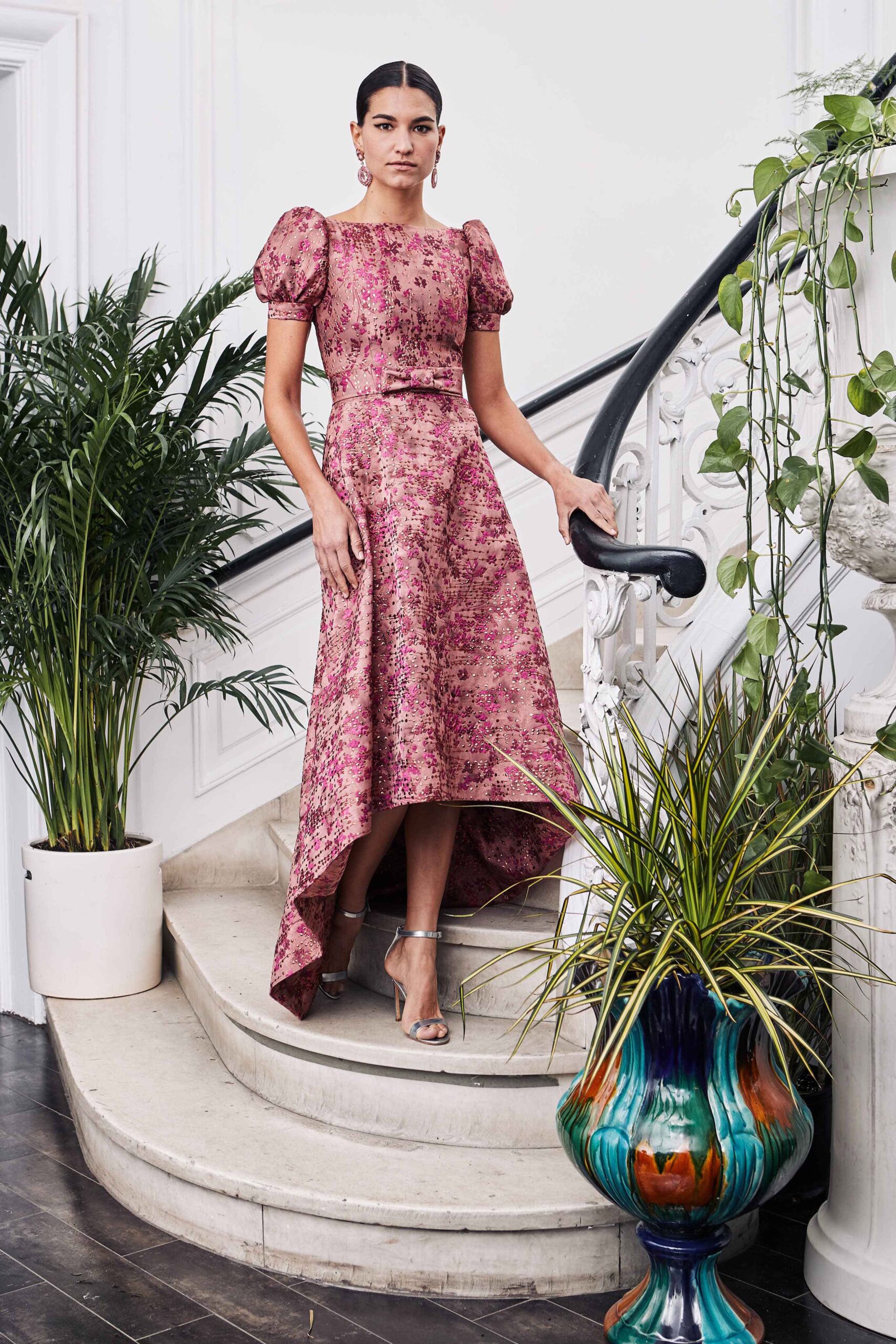 pink silk embroidered midi dress