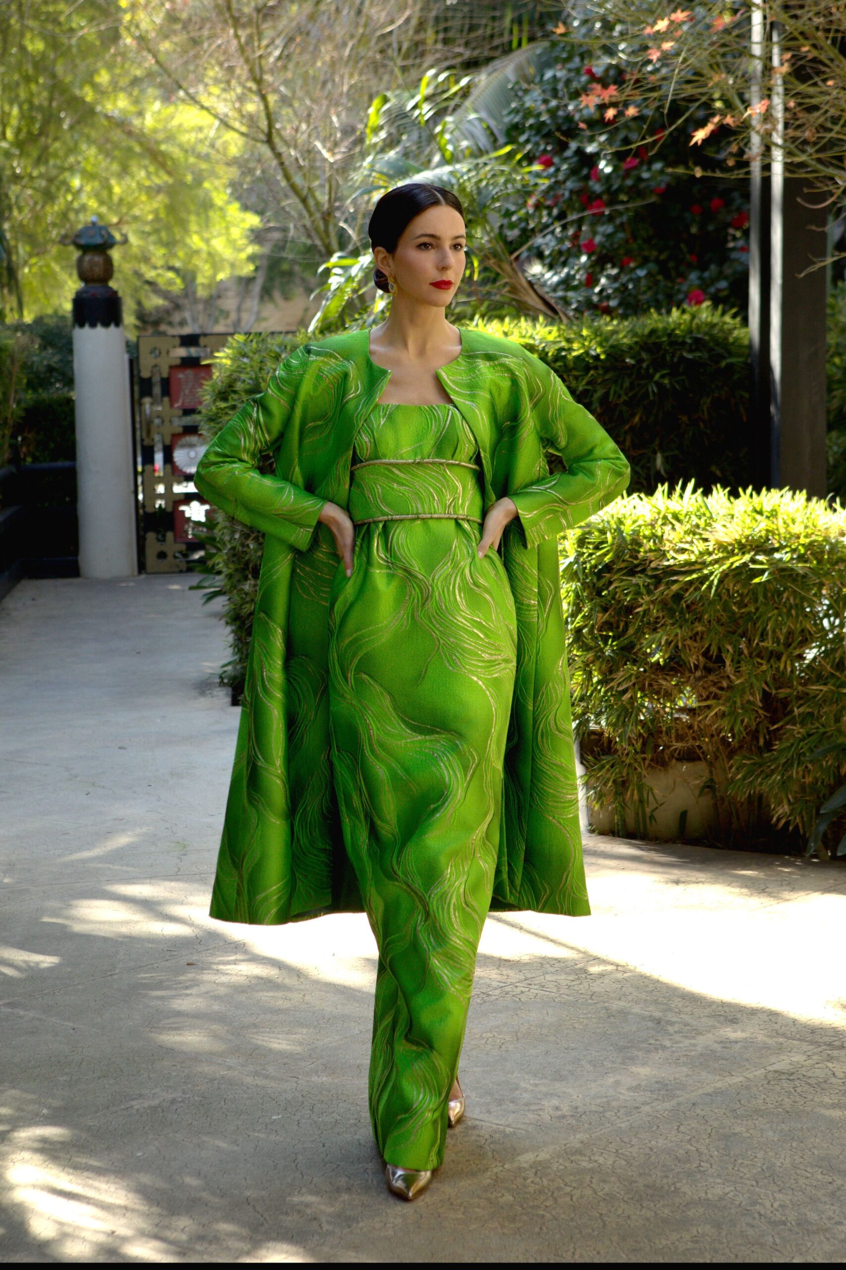 green silk gown with cape