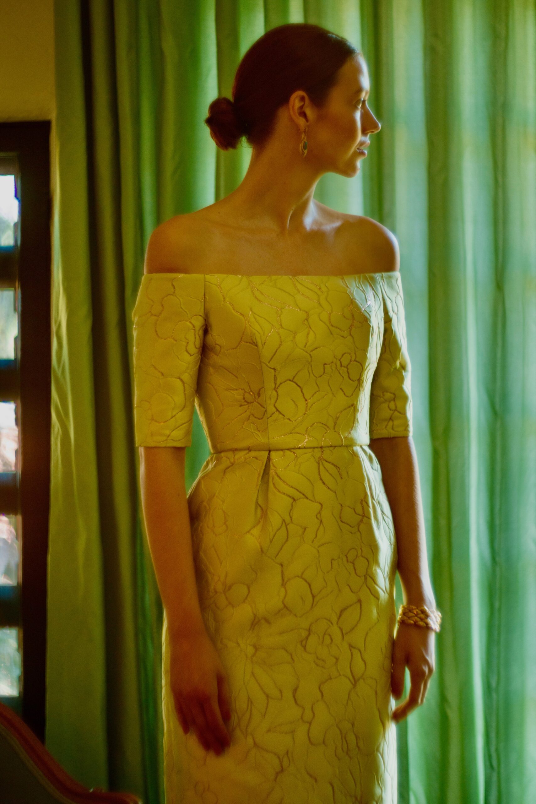 yellow silk off-shoulder gown