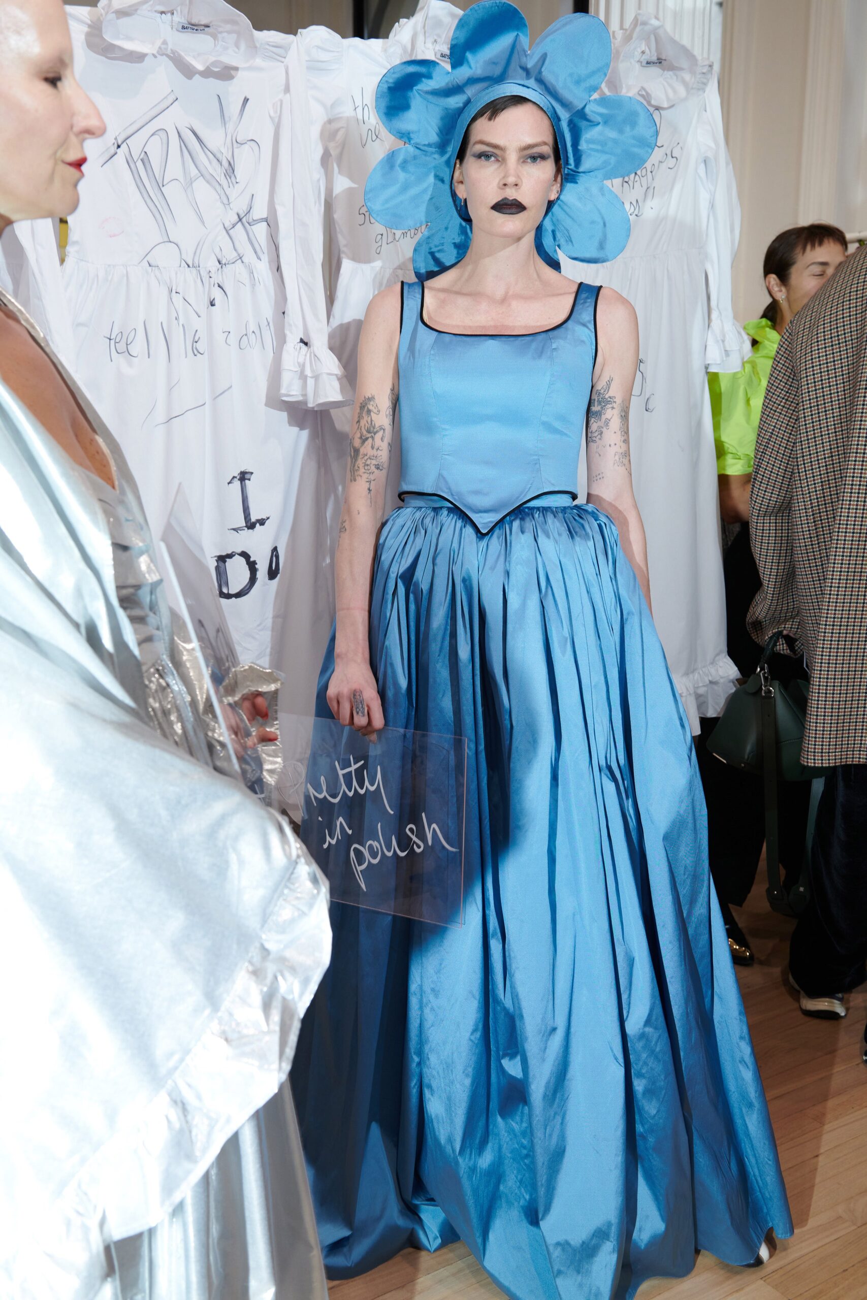 blue silk gown with floral hat