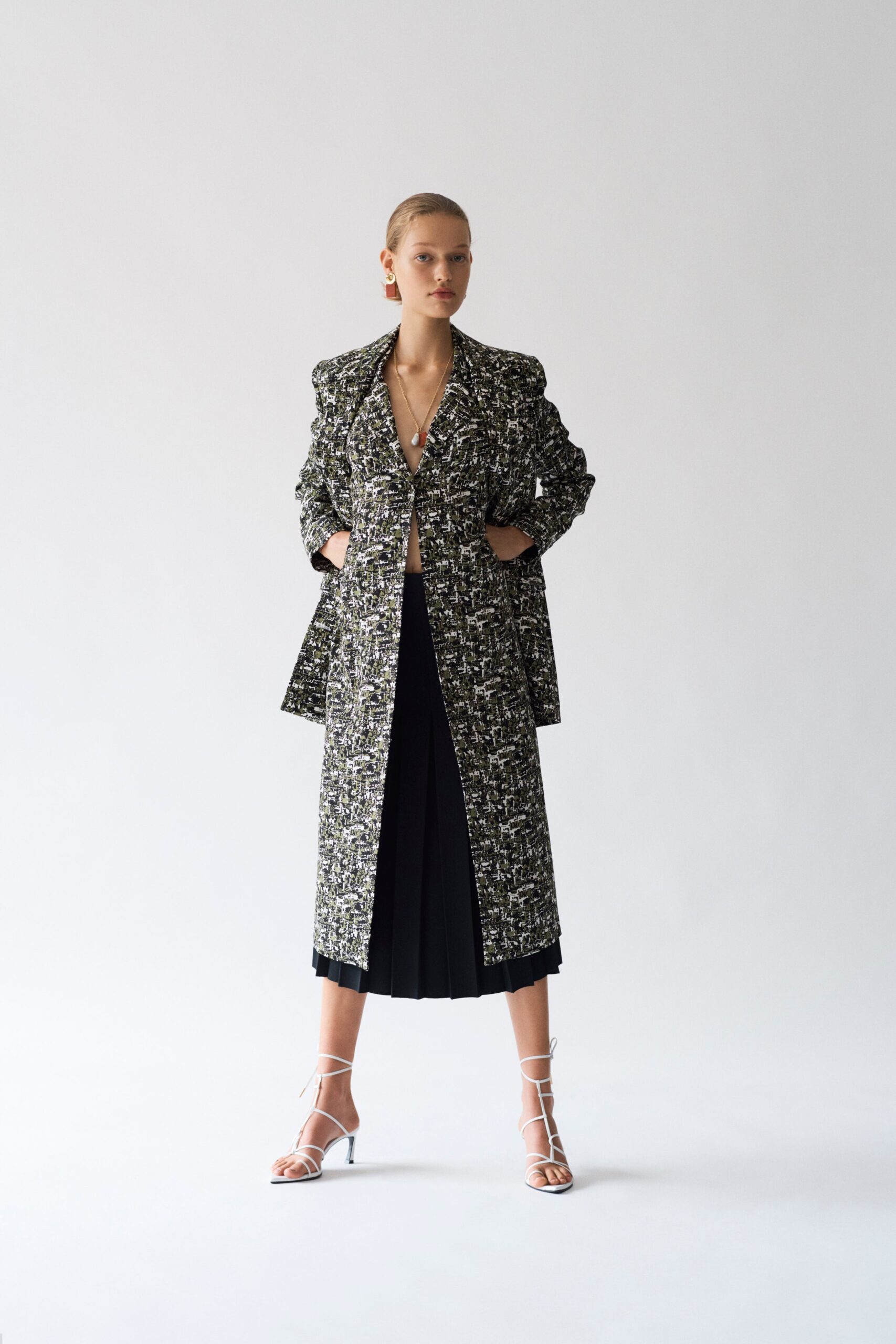 printed tweed long coat