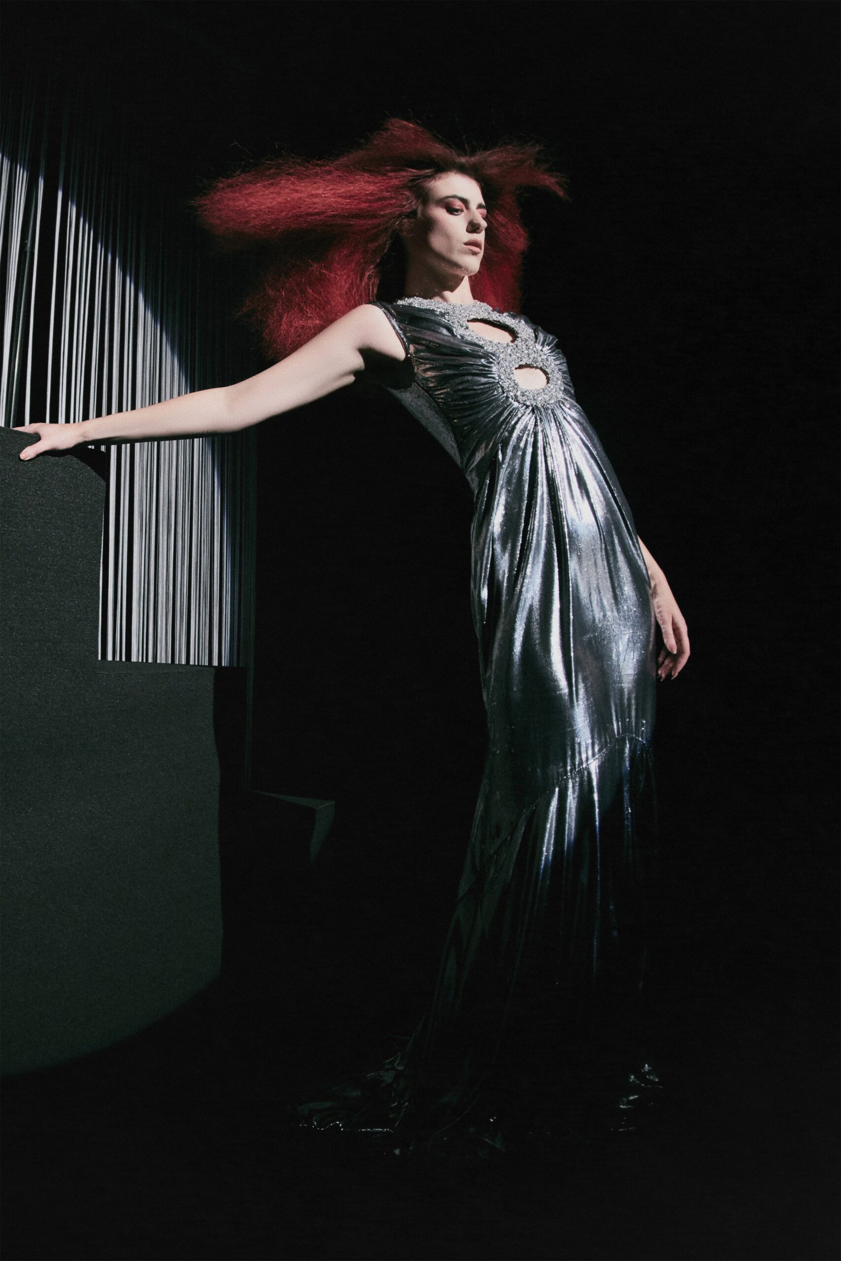 silver silk fitted gown