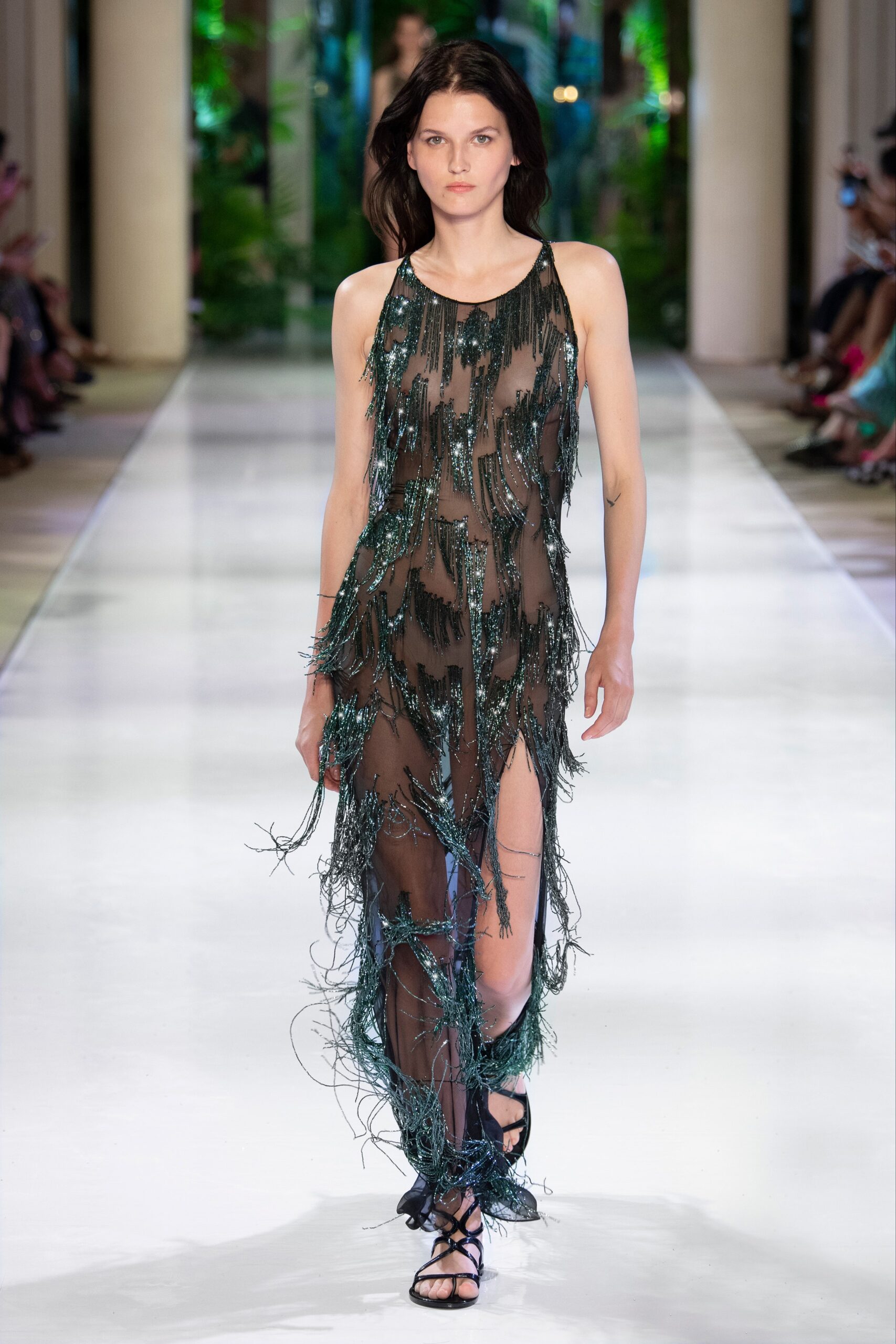 green black sheer fringed dress