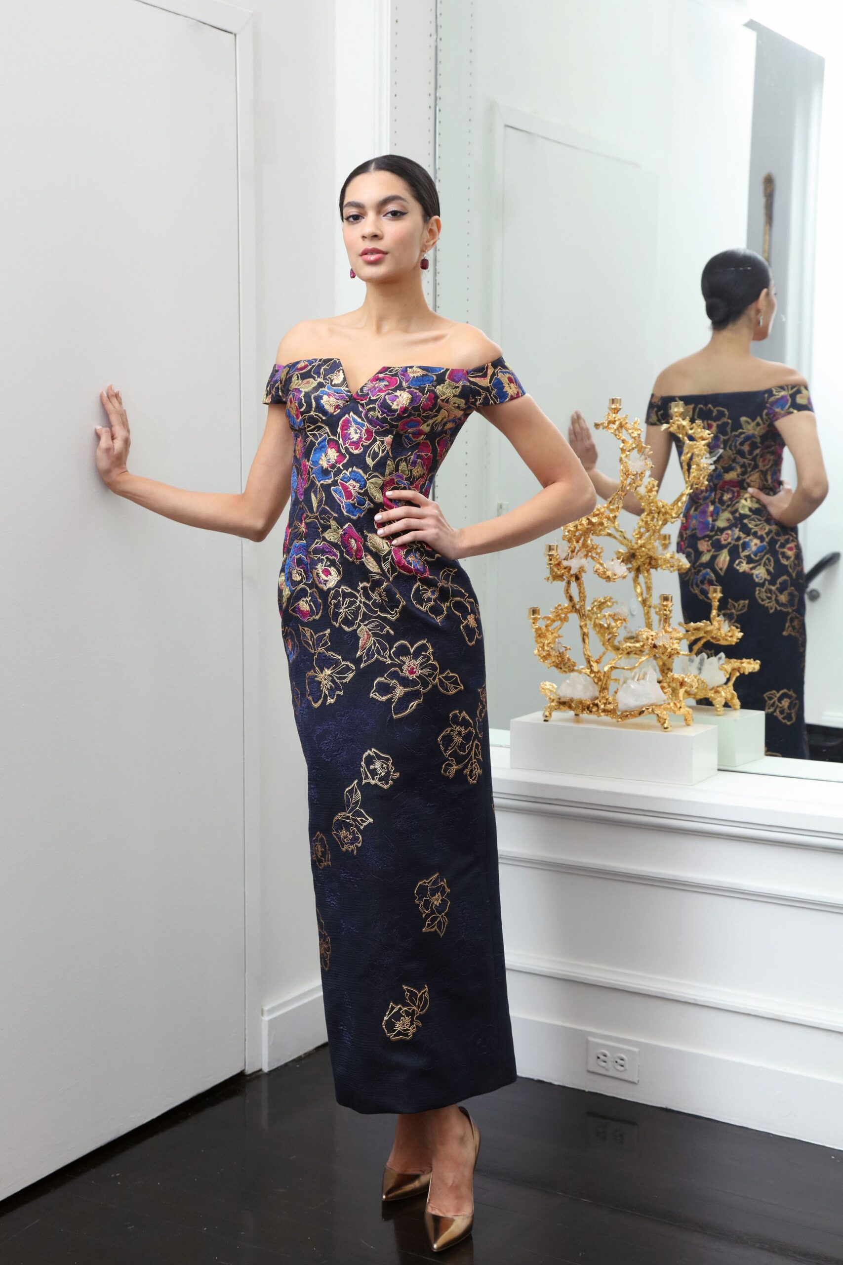 blue embroidered off-shoulder gown