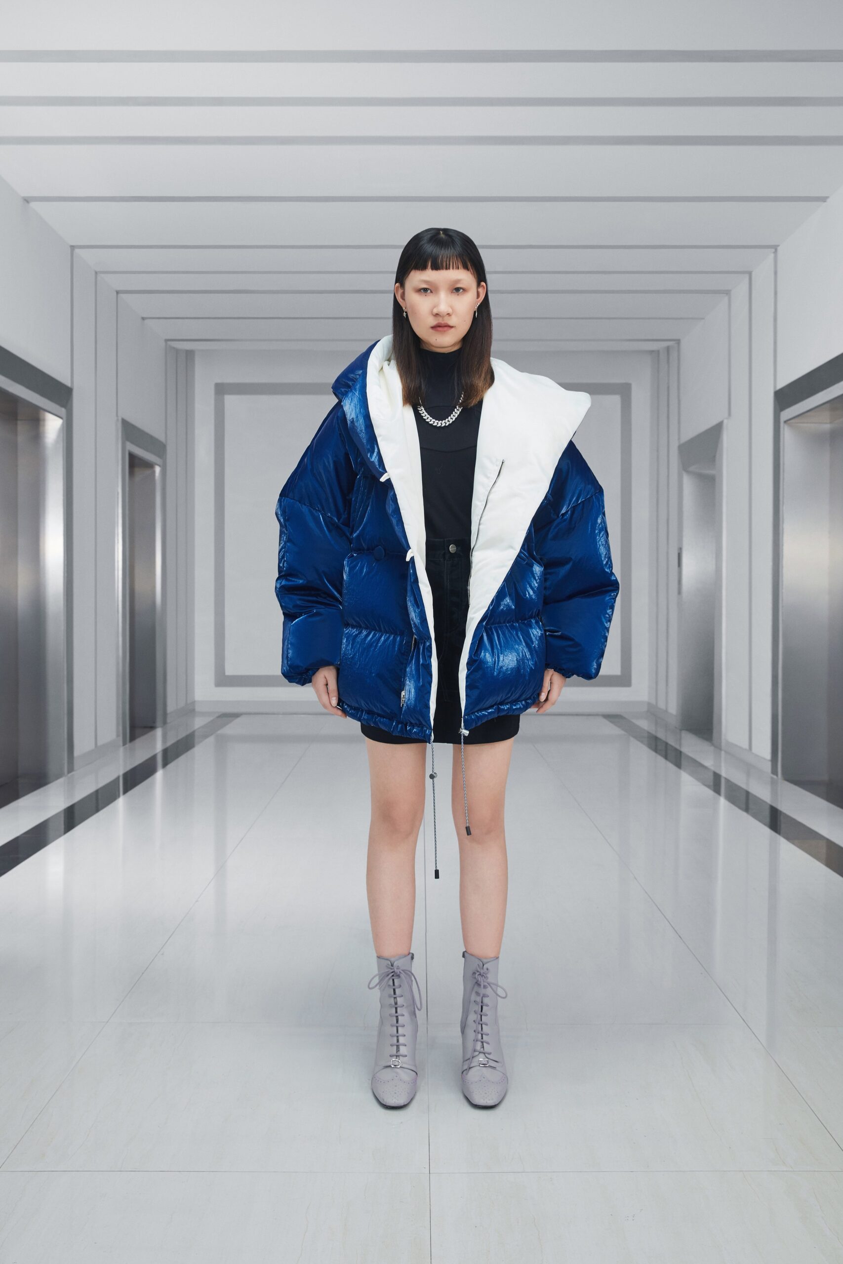 oversized blue vinyl jacket