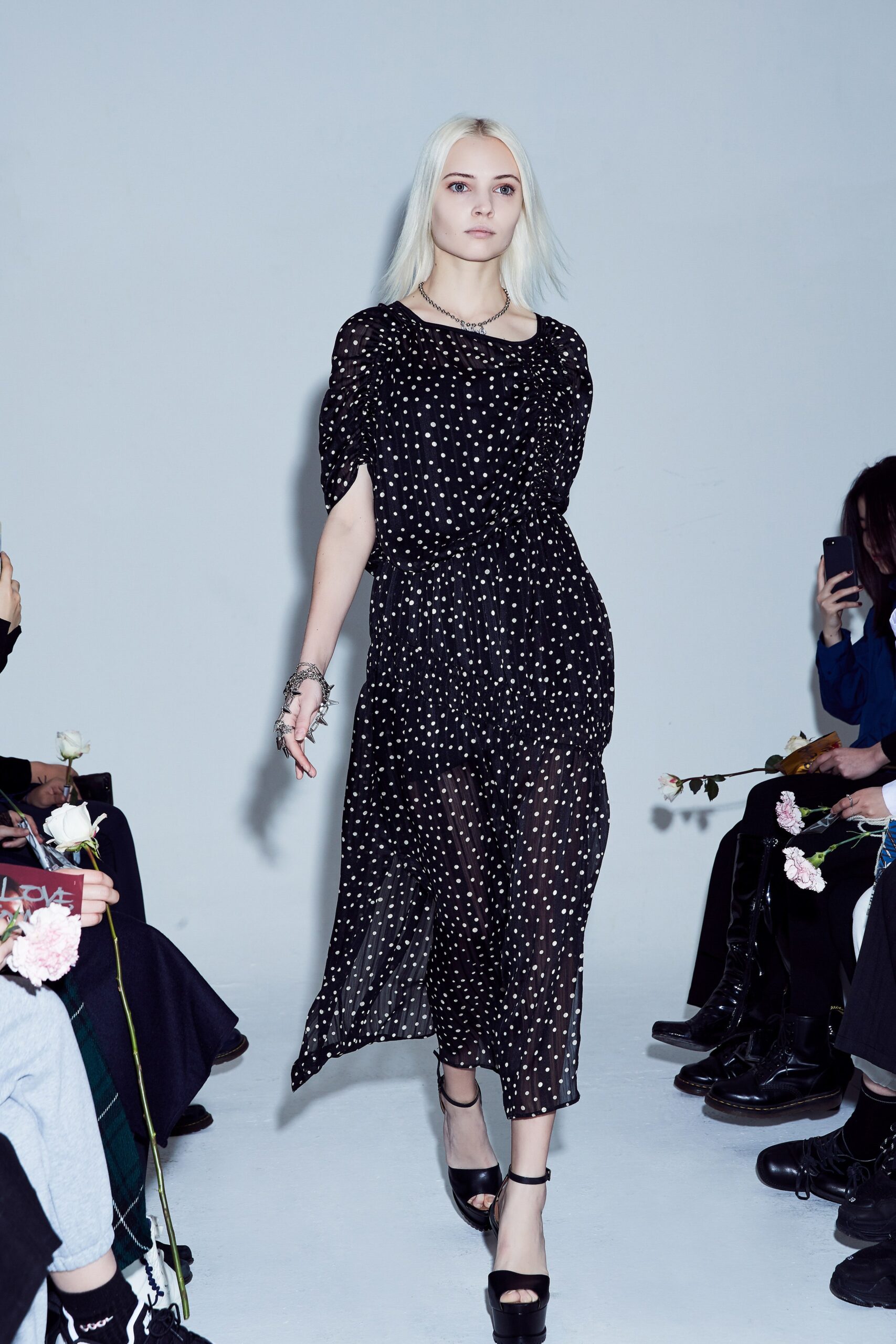 black and white polka-dot midi dress