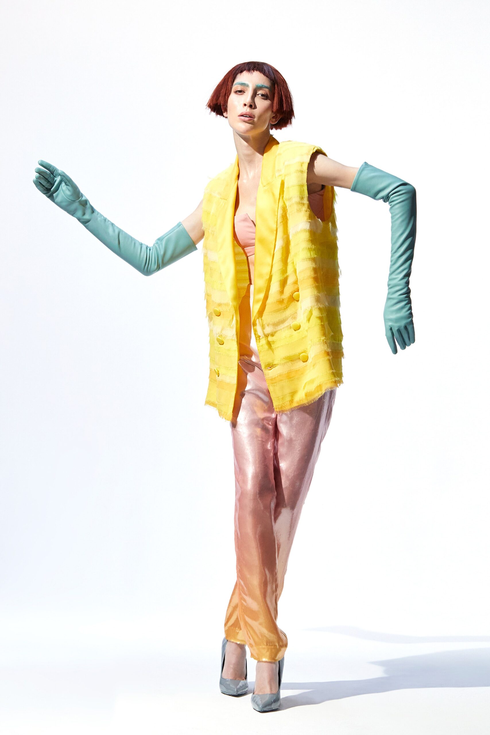 yellow silk vest with pink pants
