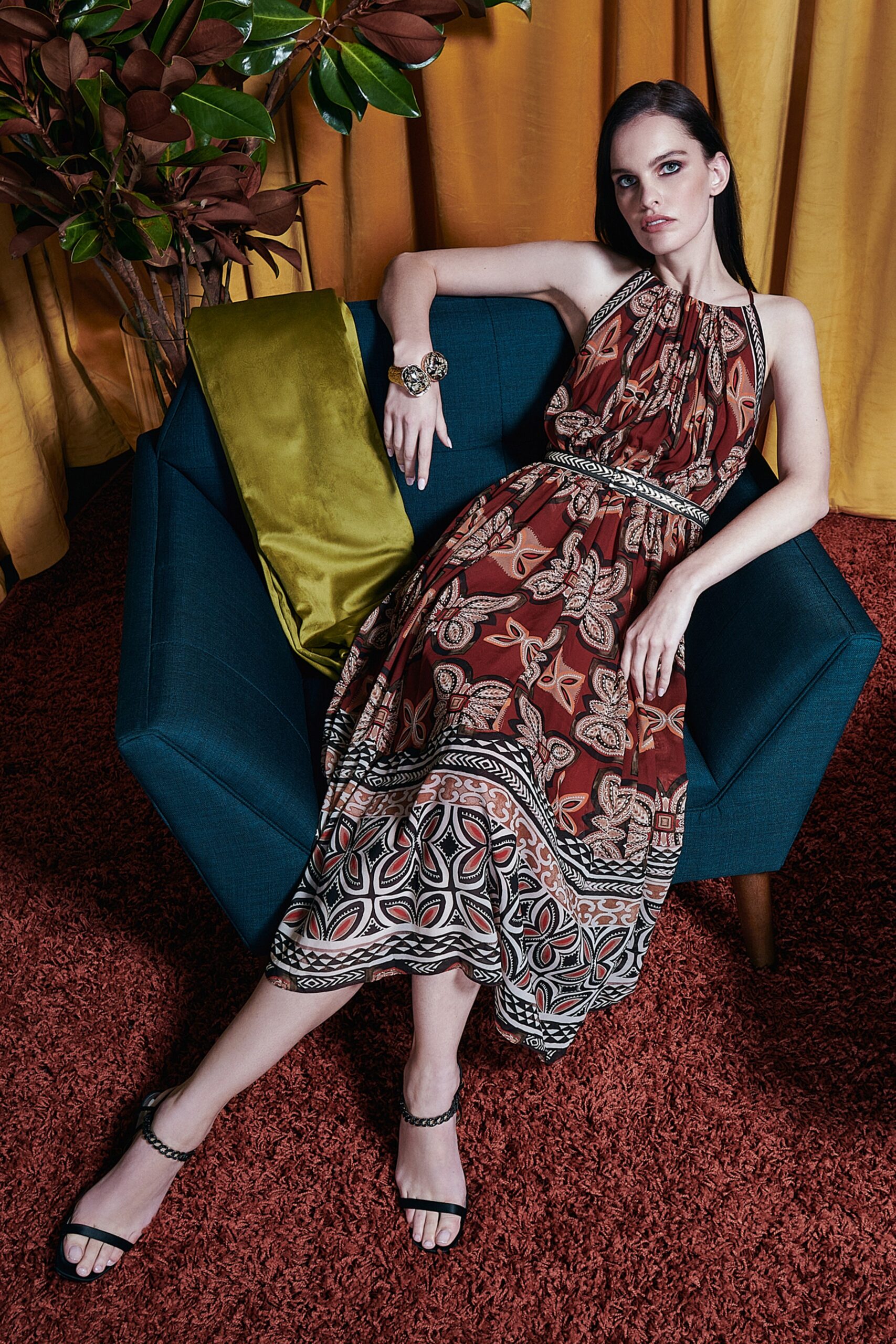 brown cotton sleeveless halter relaxed printed tiered dress