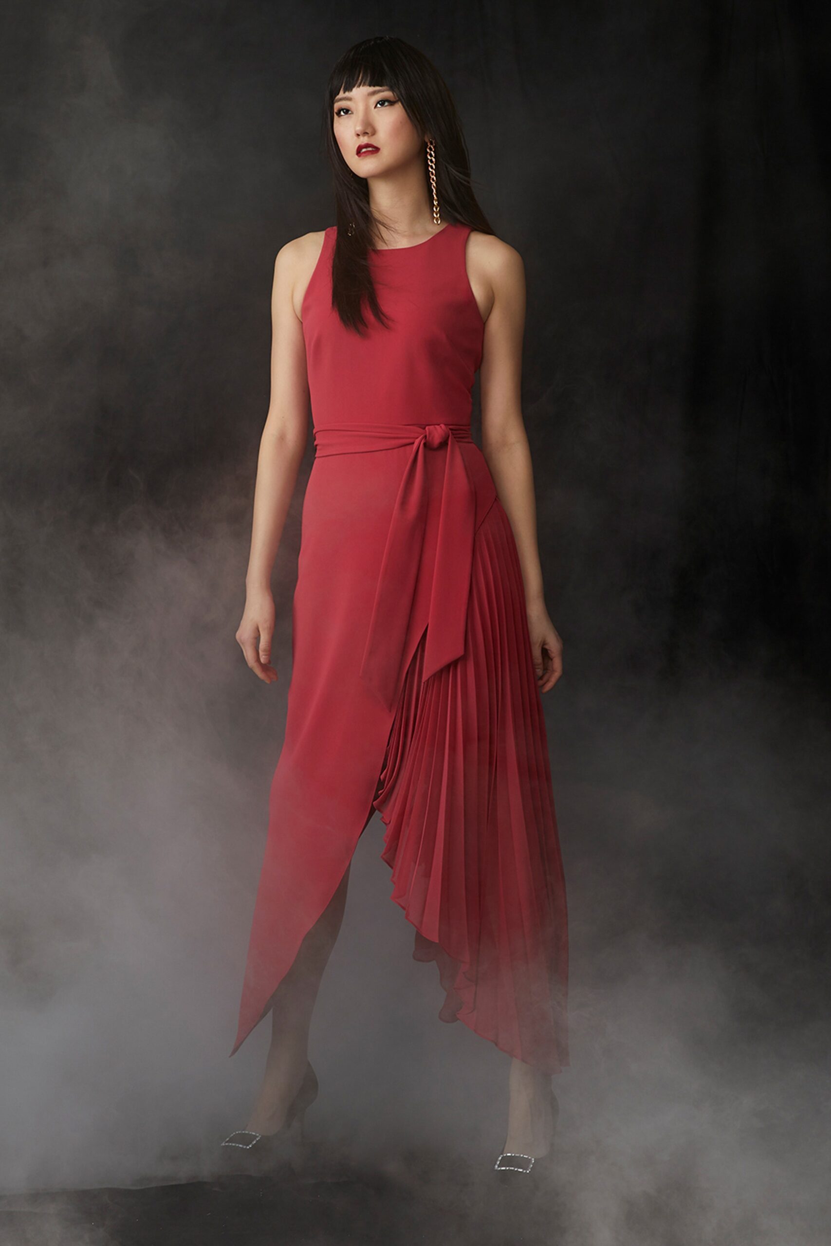 fitted red silk midi dress