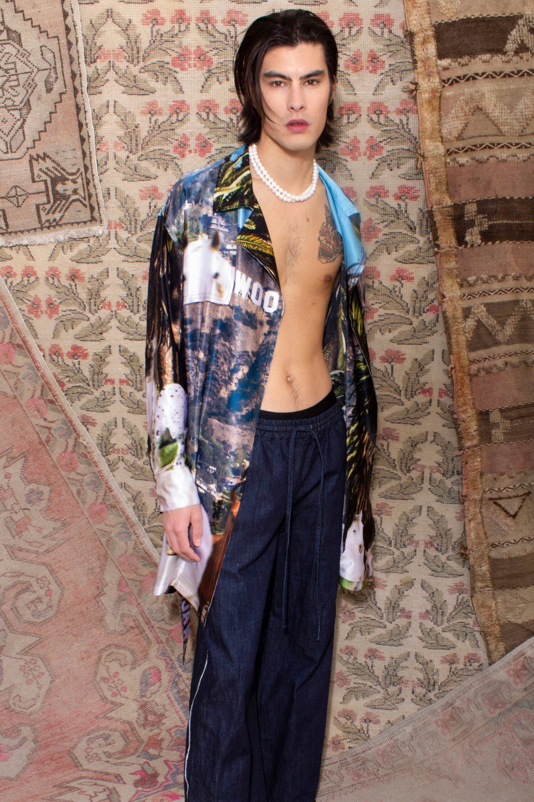 multi-colored silk shirt with denim pants