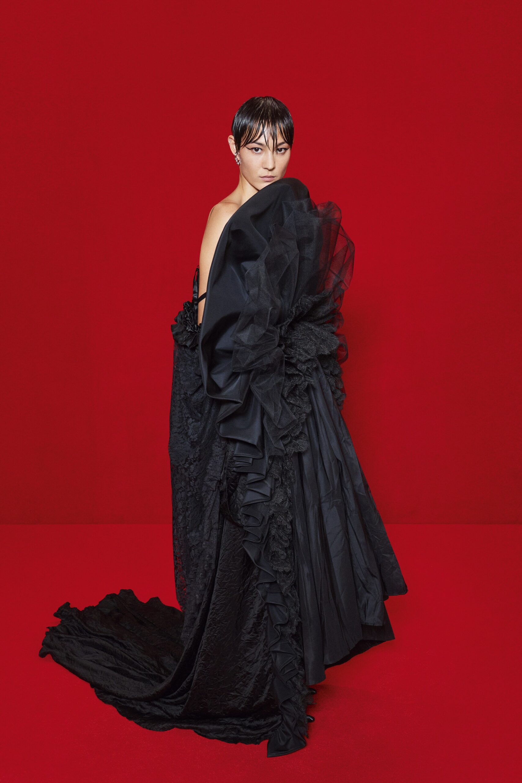 black silk strapless gown