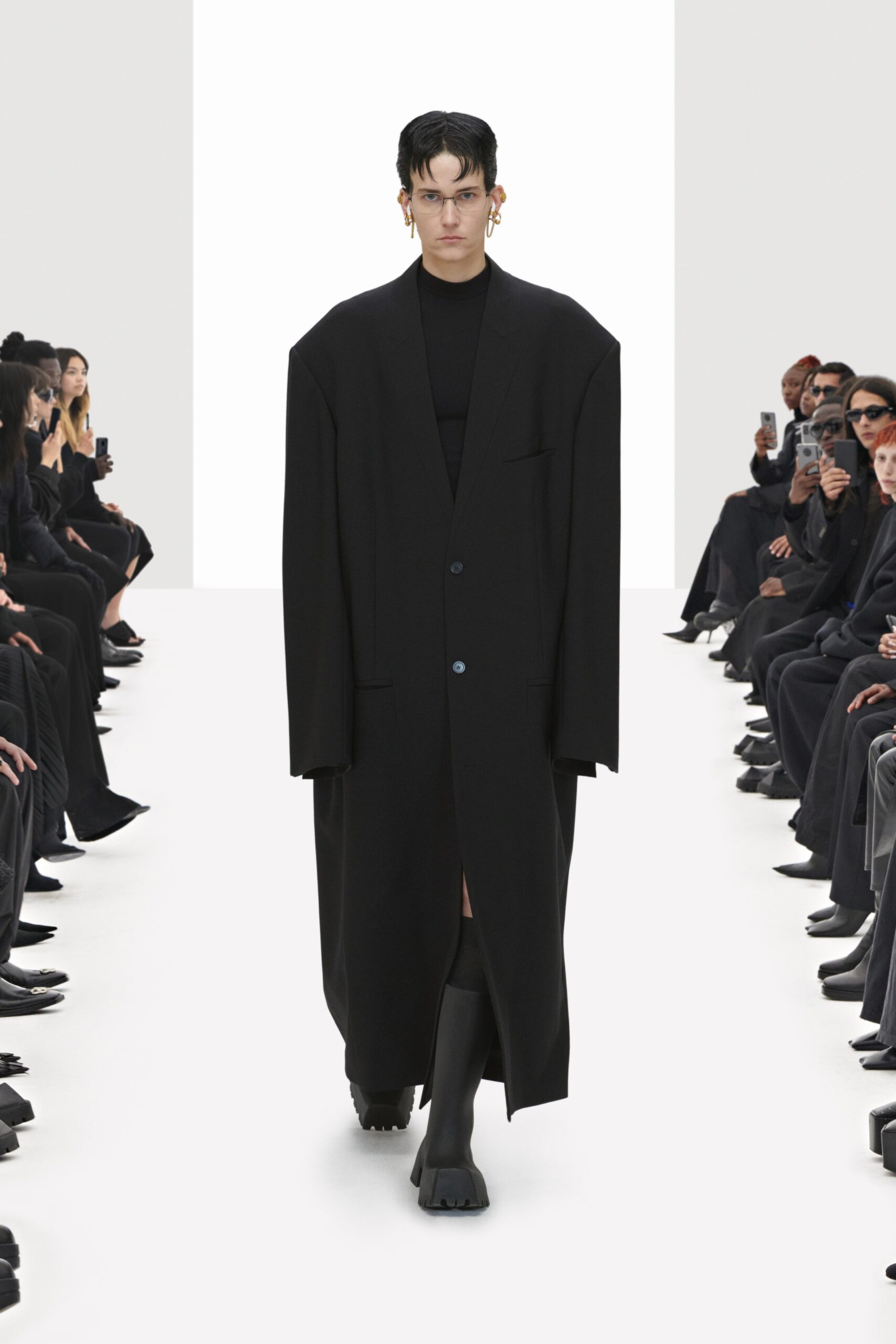 black wool long-sleeve collared oversized buttoned midi coat