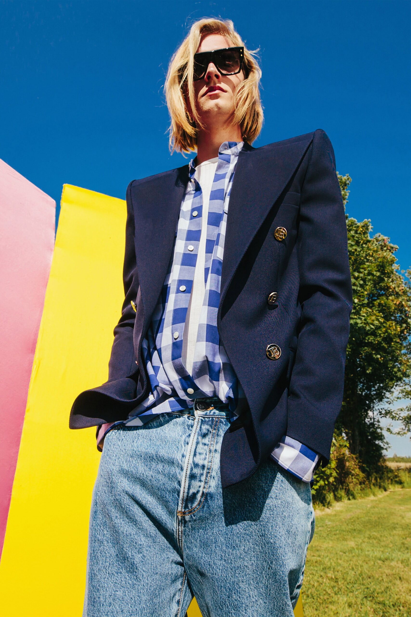 navy tailored blazer with checked shirt
