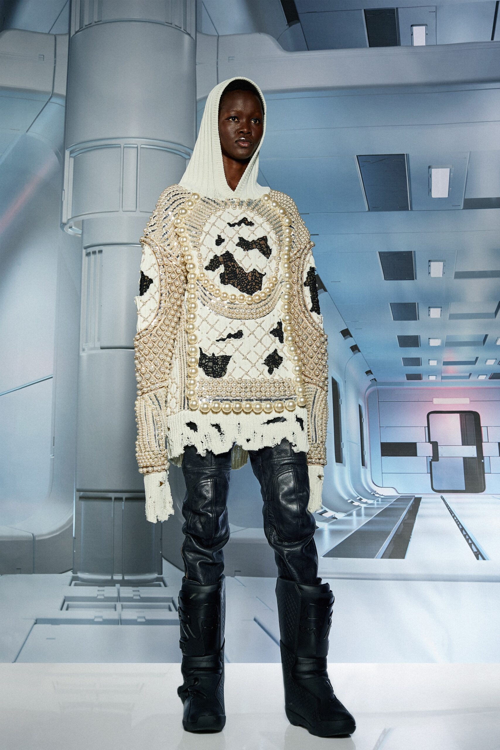 oversized beaded sweater with leather pants