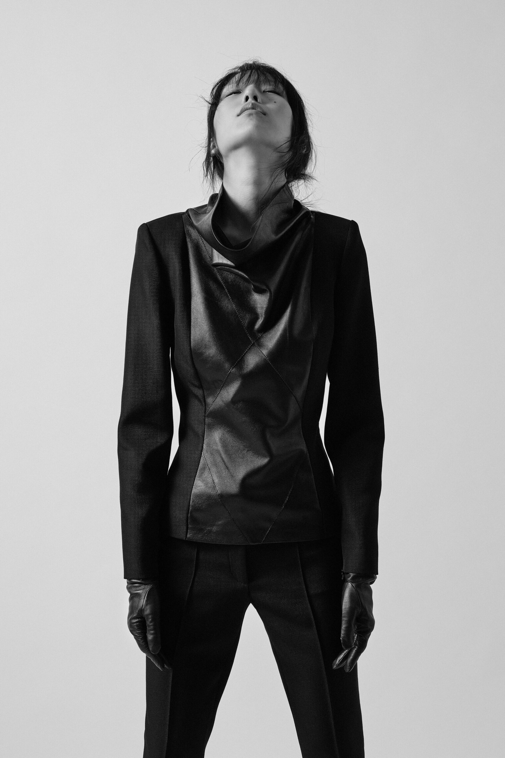 black leather long-sleeve high-neck fitted structured blazer