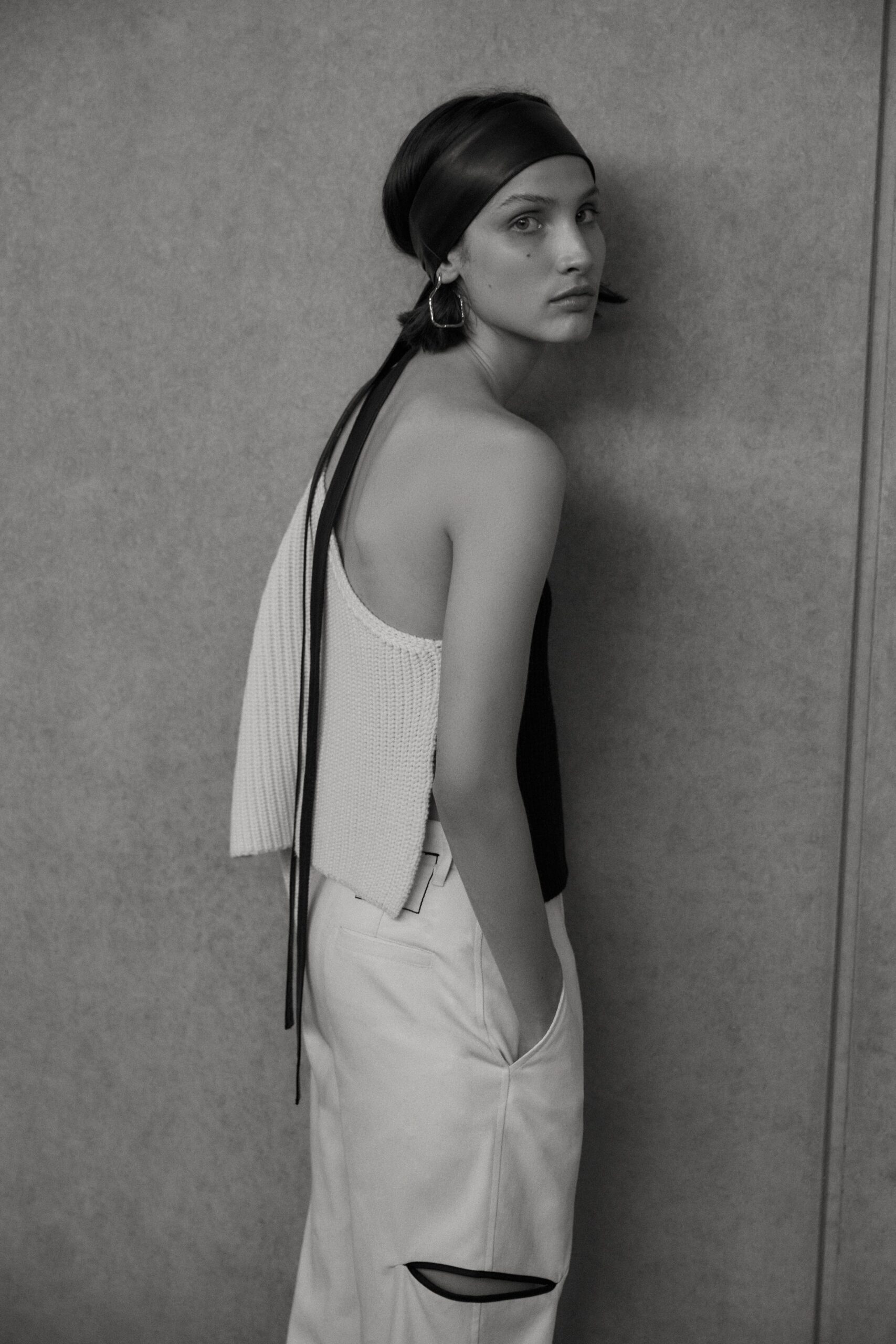 black and white layered top with relaxed pants