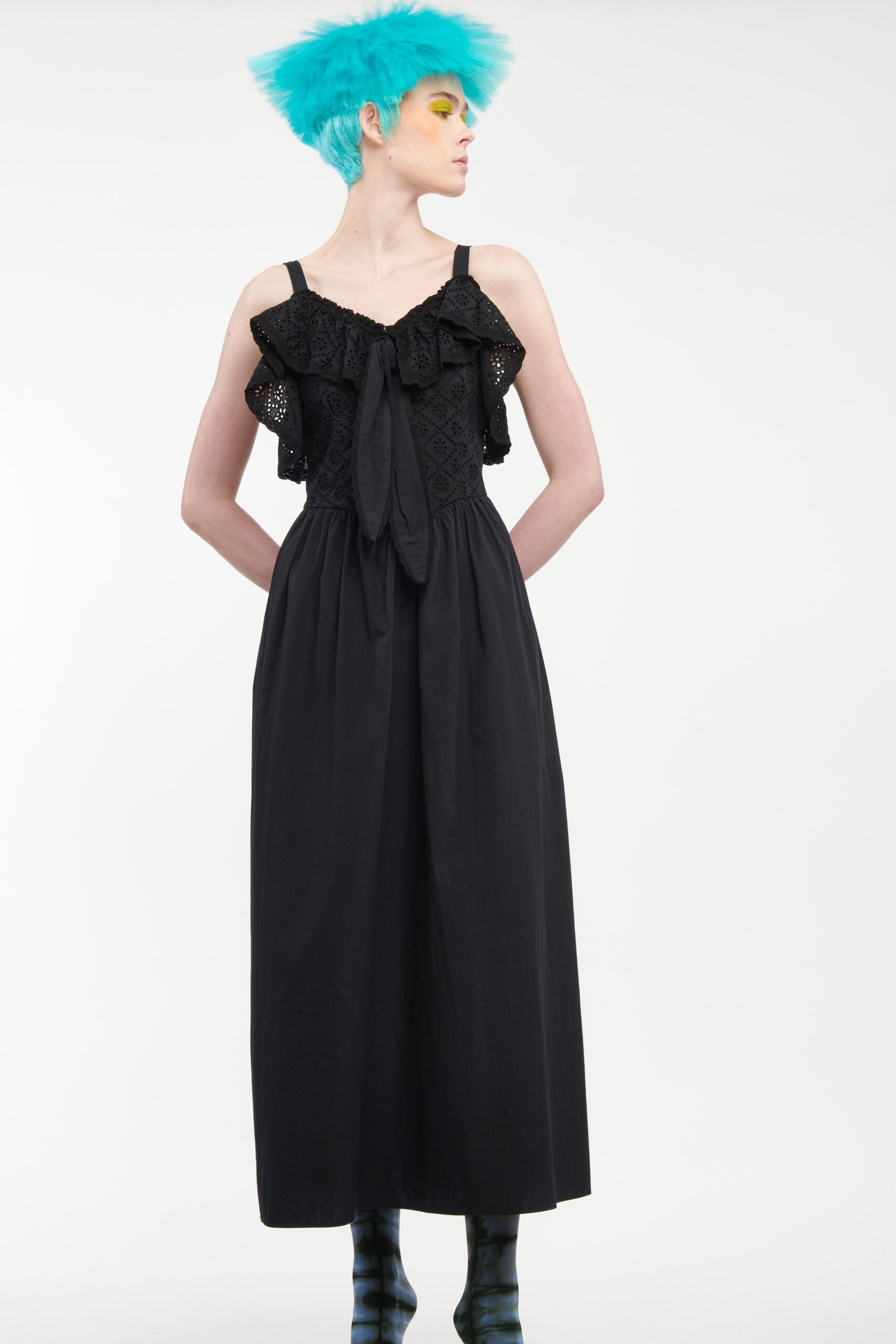 black cotton ruffled midi dress