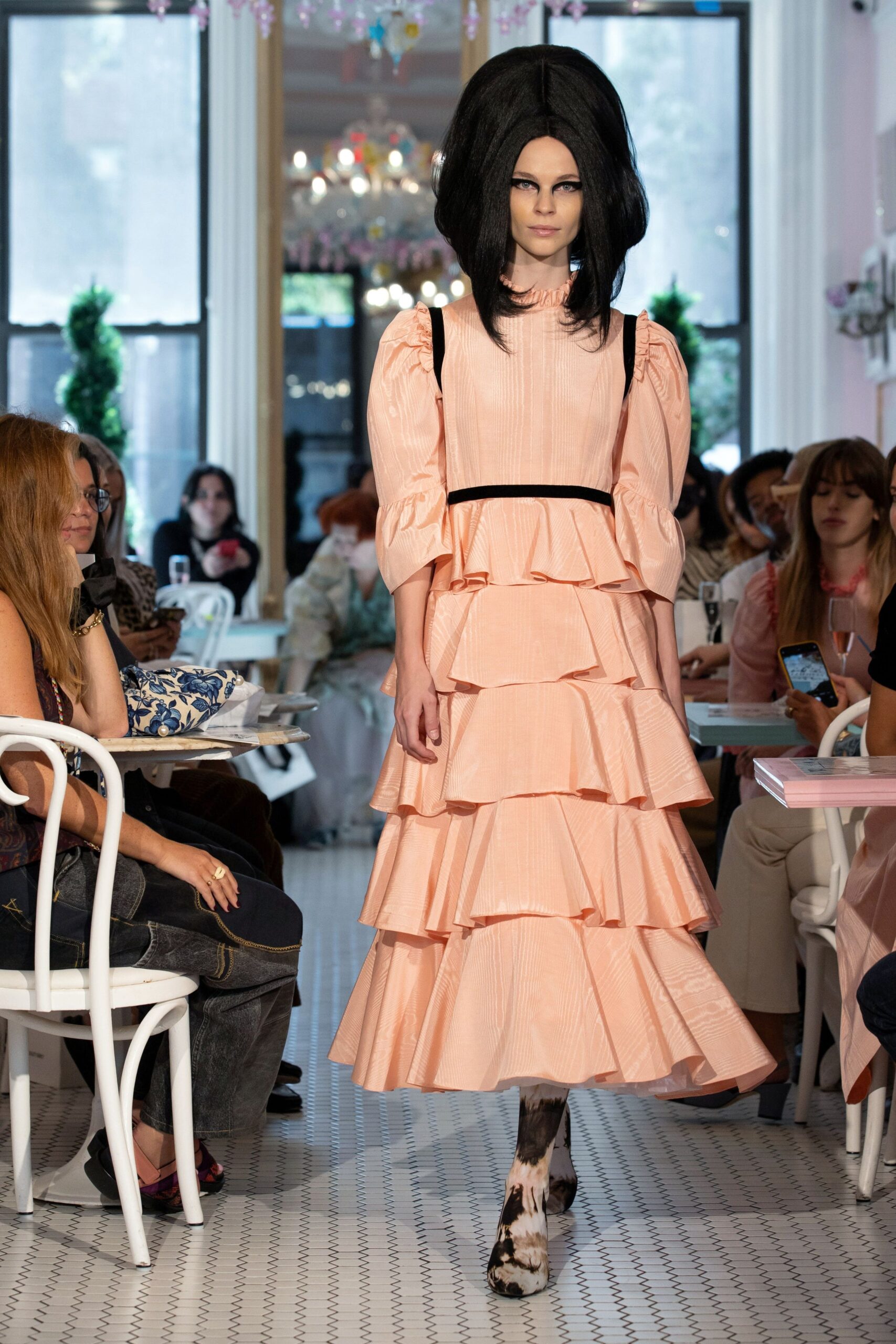 pink tiered midi dress