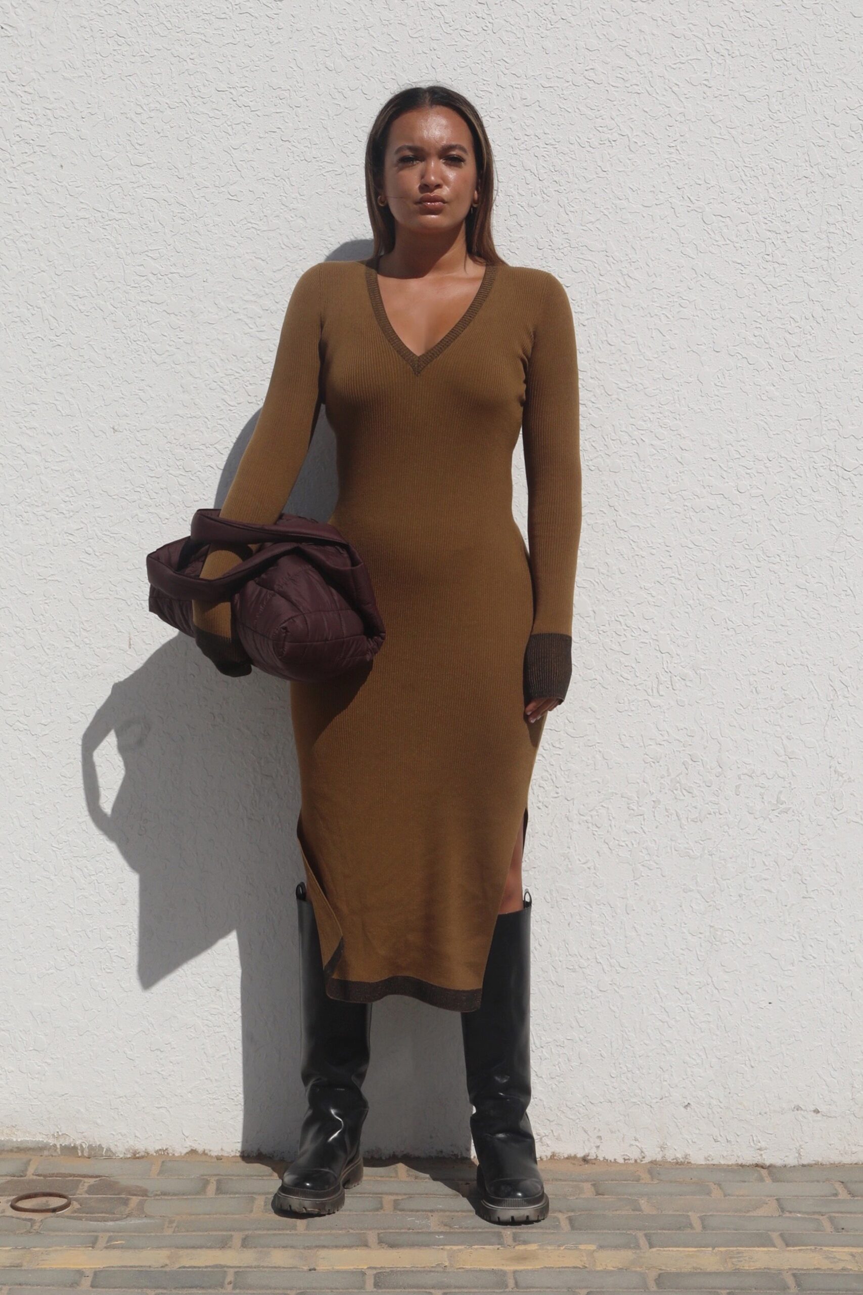 brown fitted midi dress