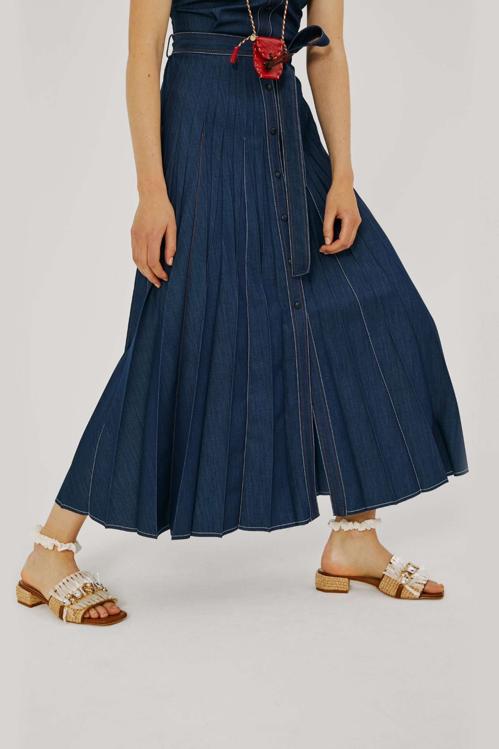 blue pleated denim maxi dress