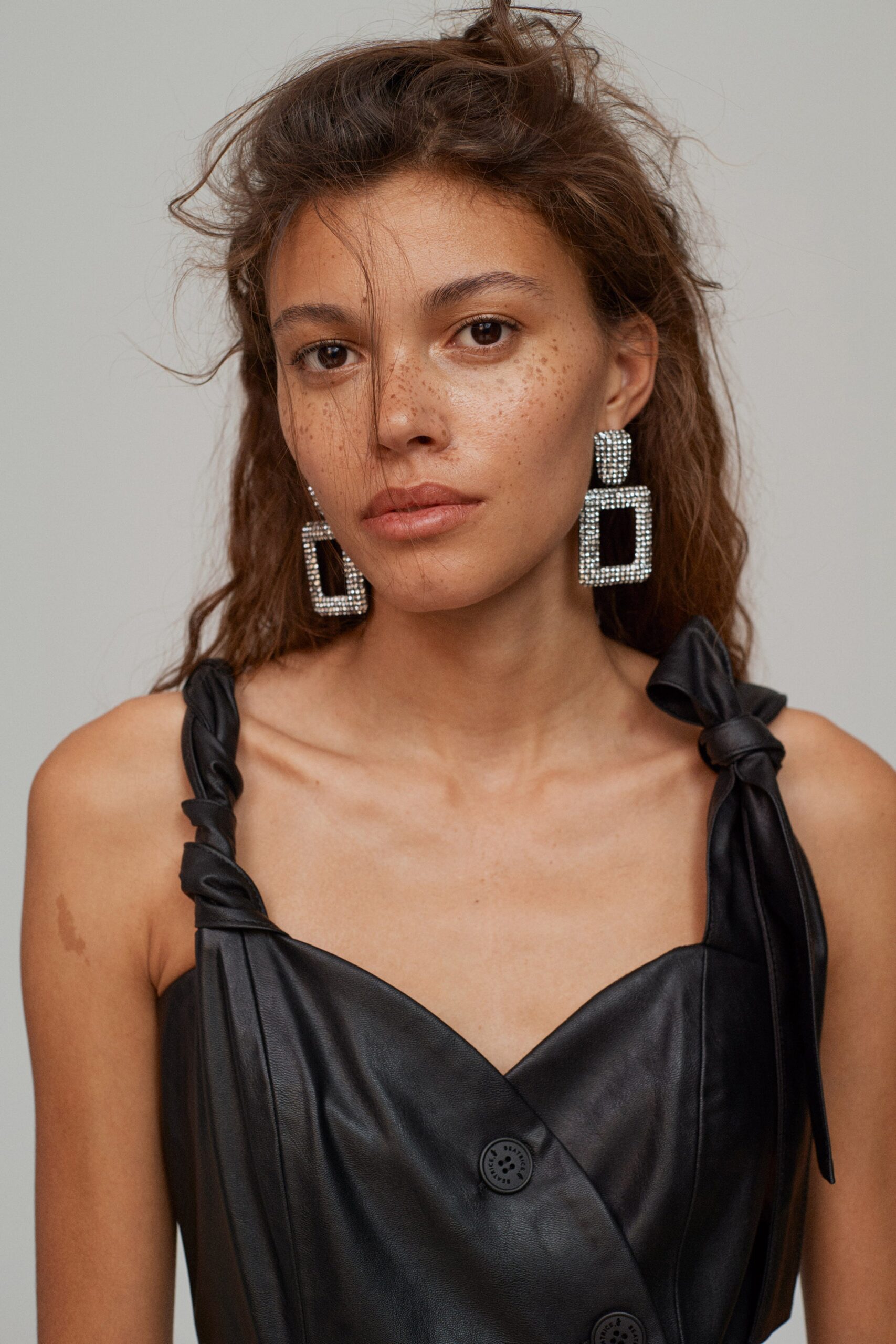 black leather spaghetti-strap dress
