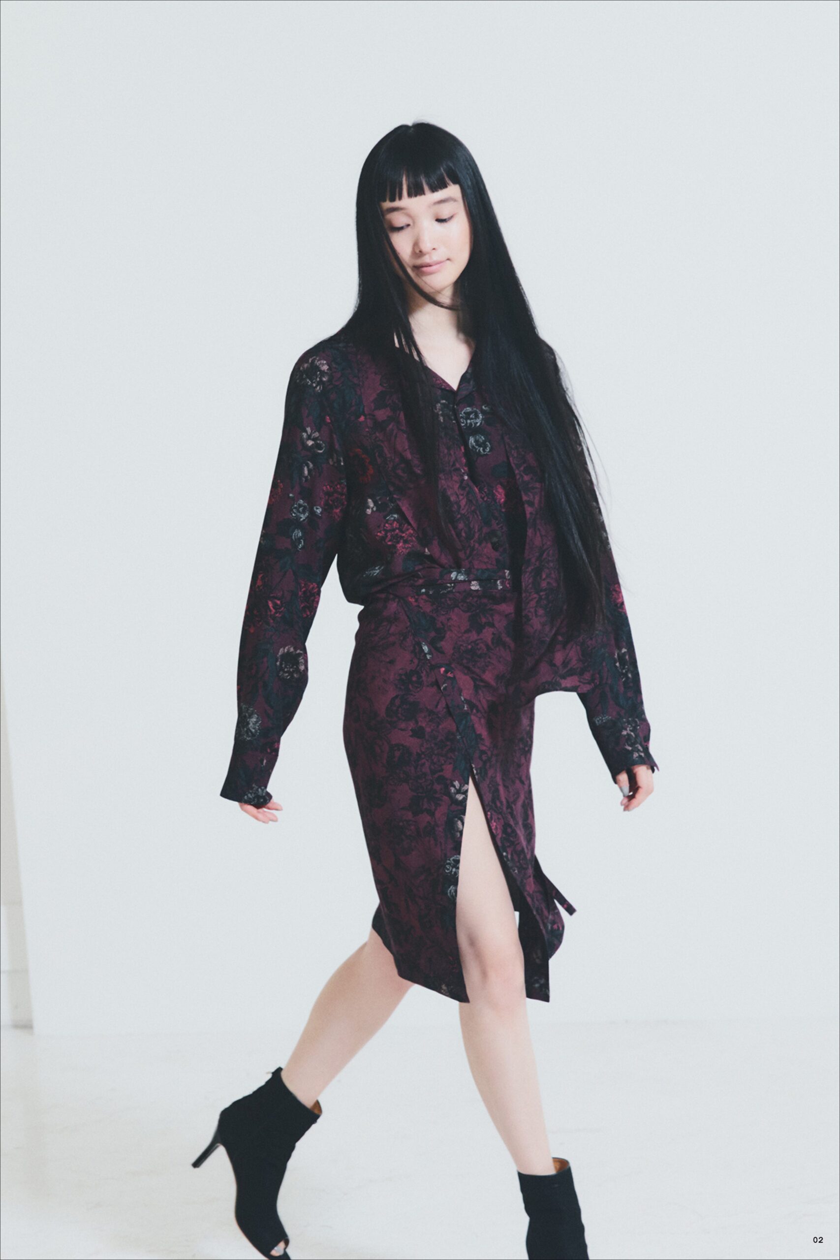 purple unknown long-sleeve collared floral belted midi midi-dress
