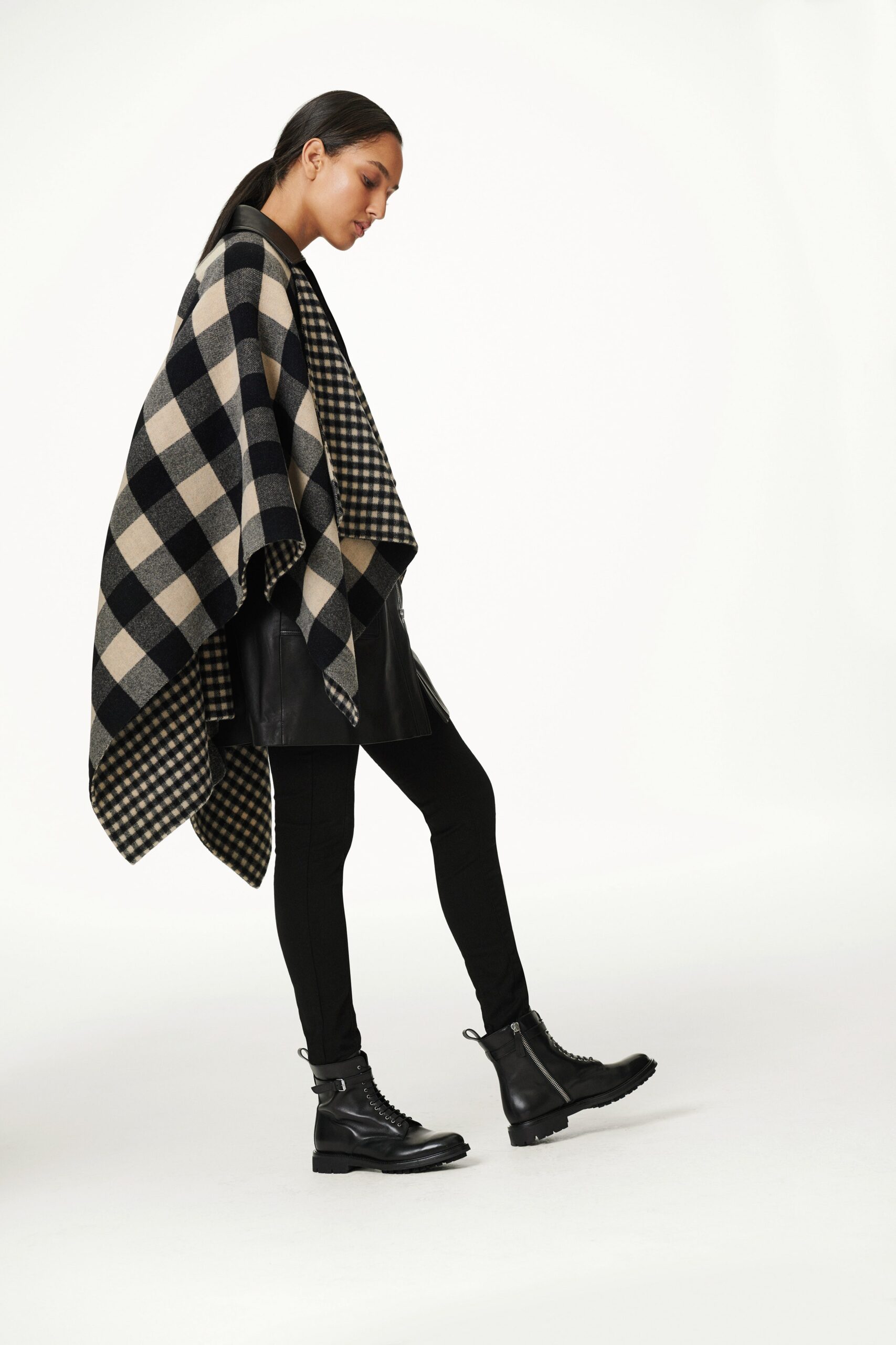 checked wool poncho with collar