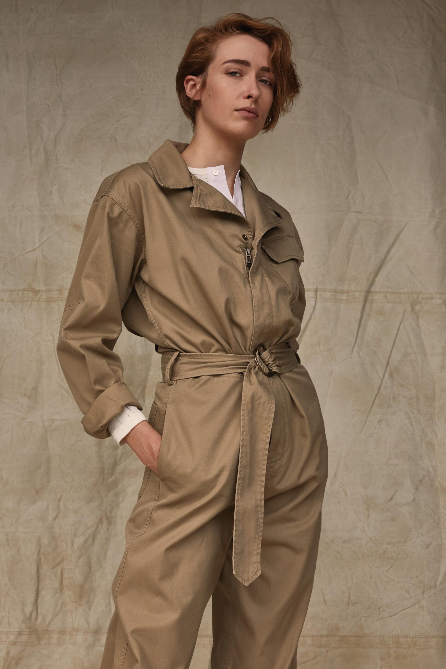 beige belted utility jumpsuit