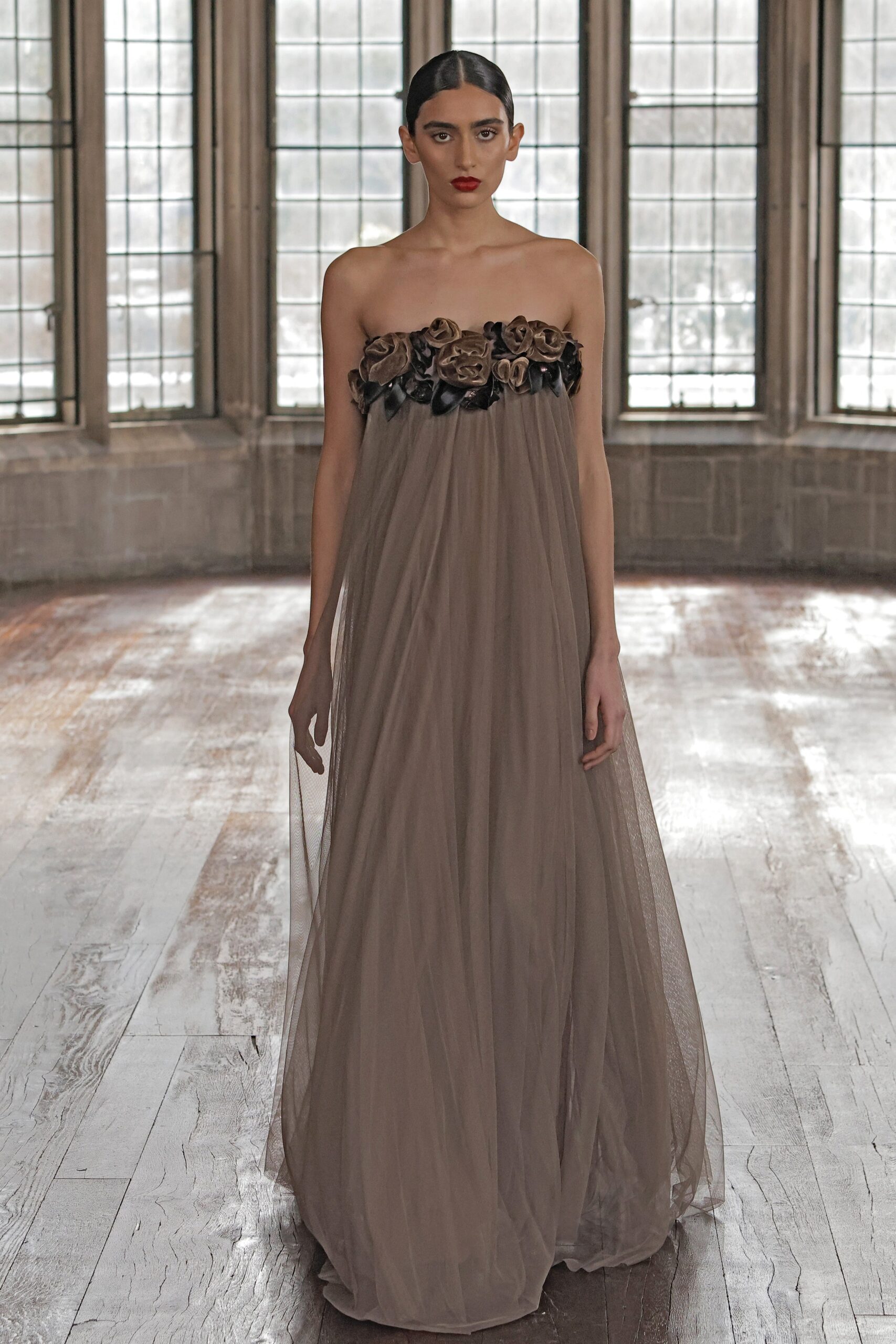 brown strapless layered gown