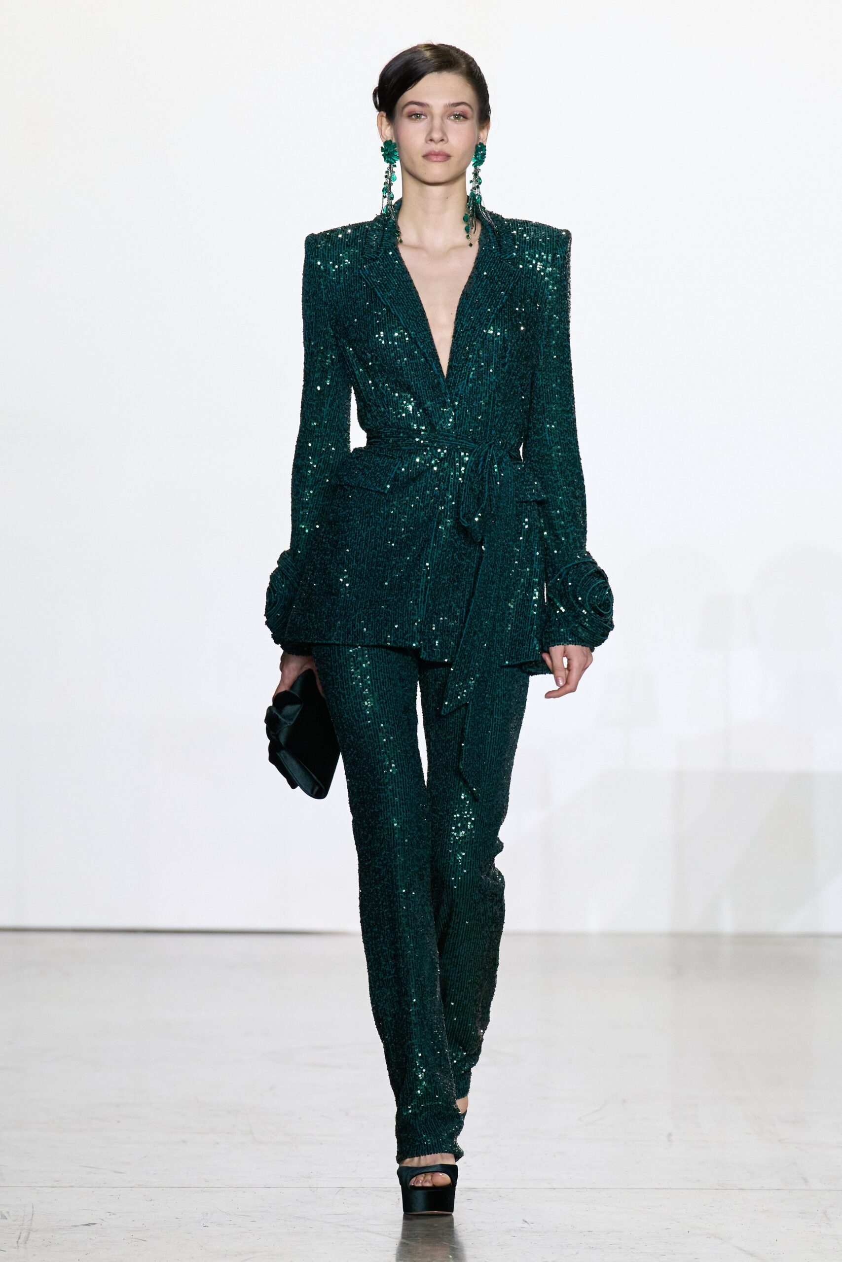green sequin fitted suit