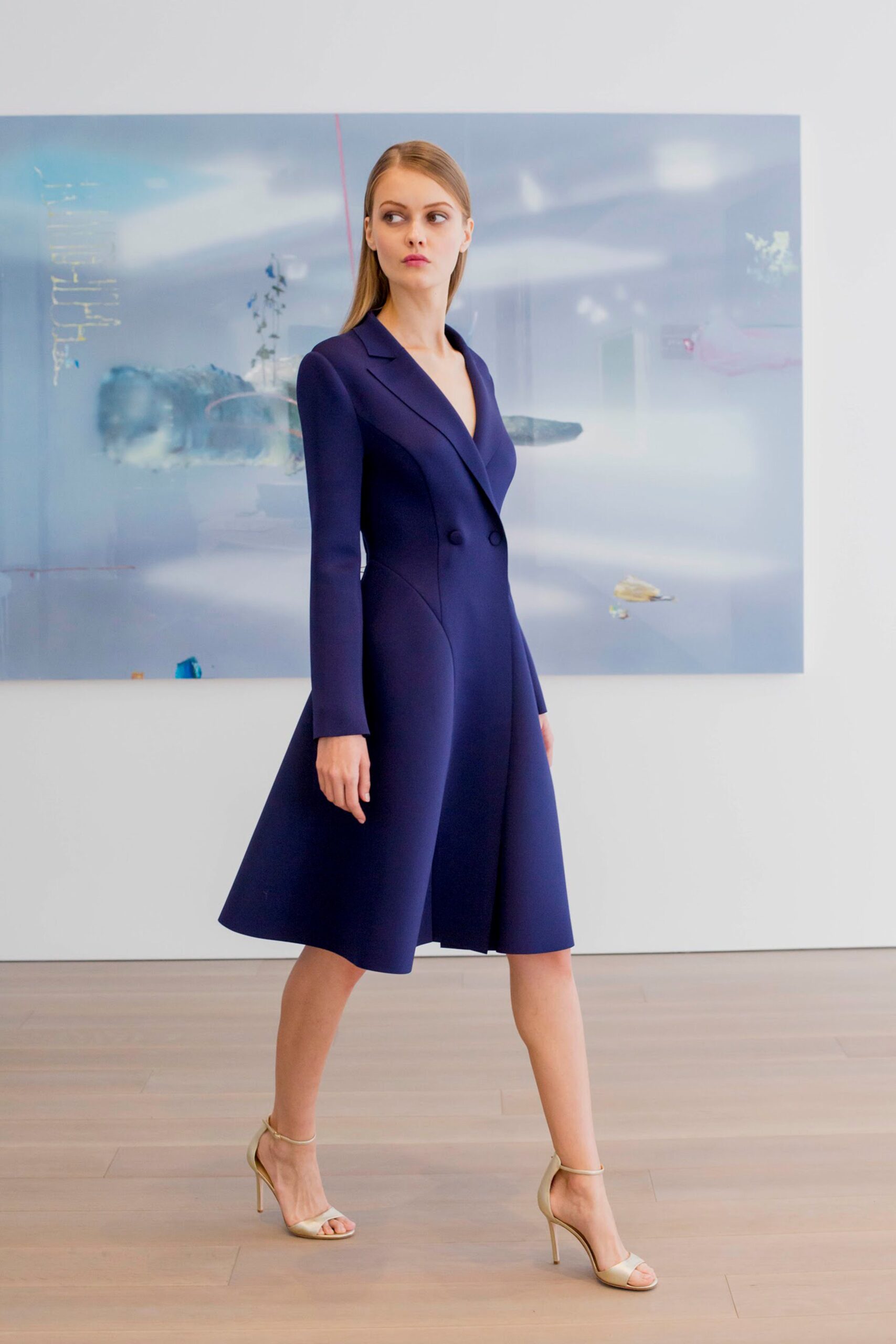 blue neoprene long-sleeve dress