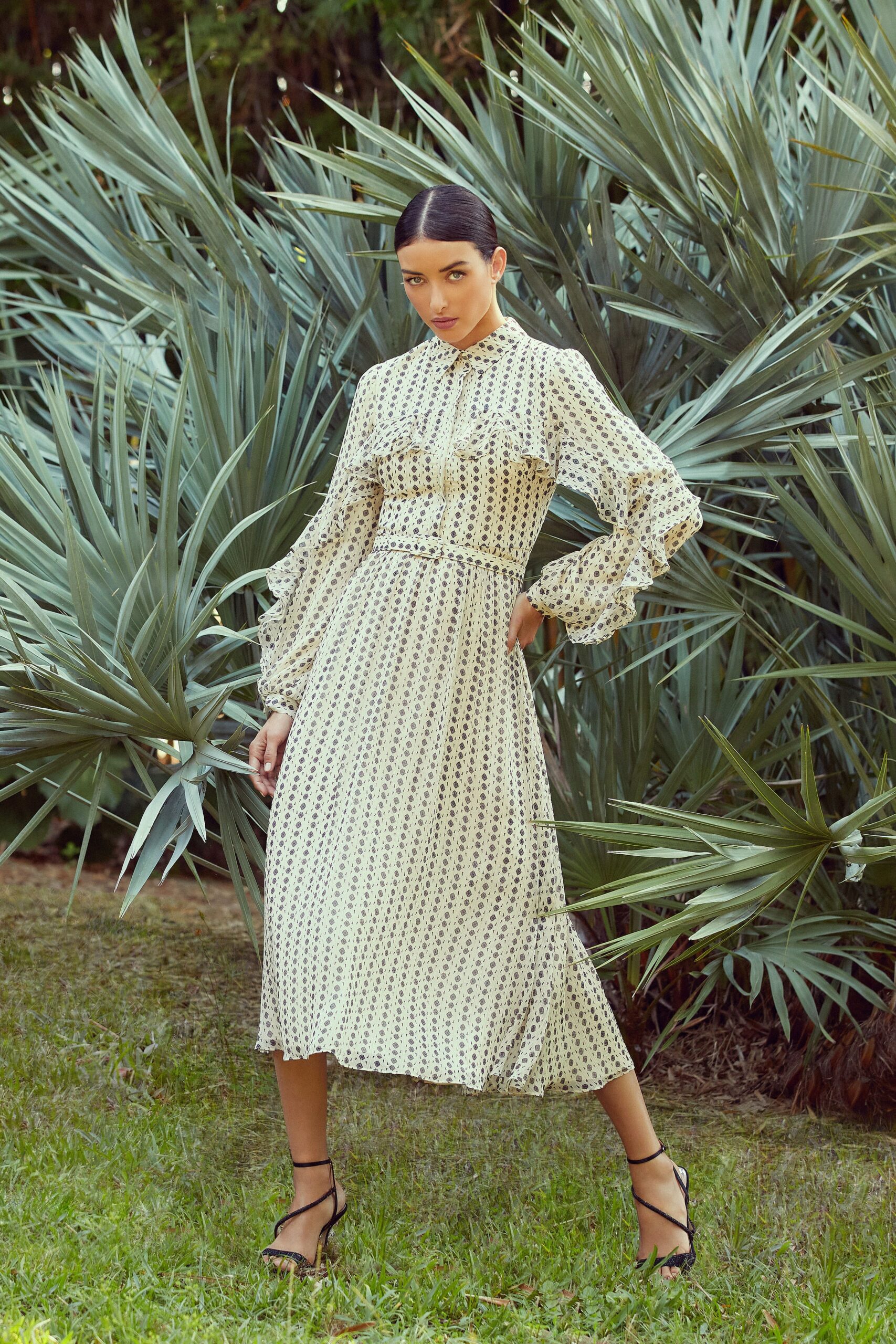ivory black pleated midi dress