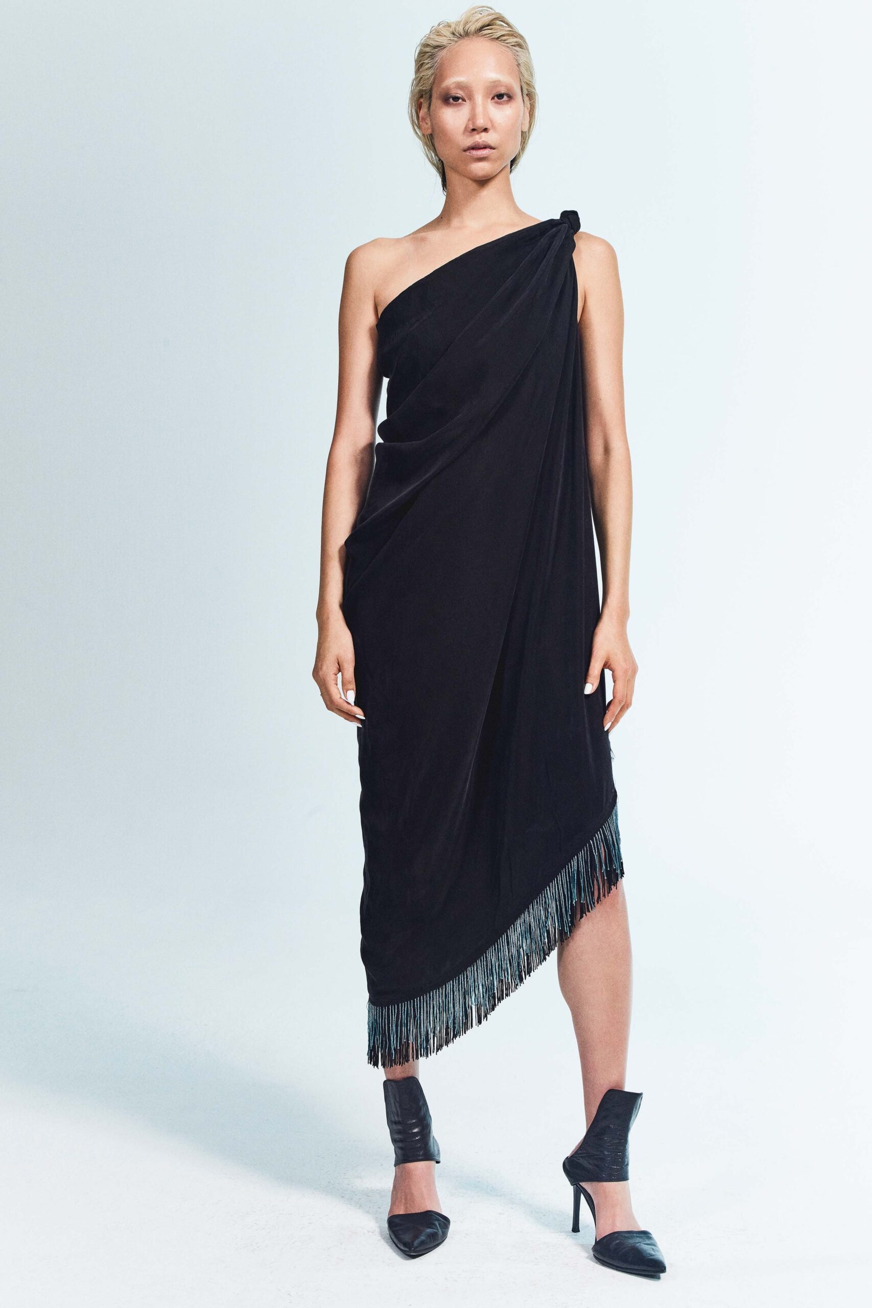 black silk asymmetric dress with fringe