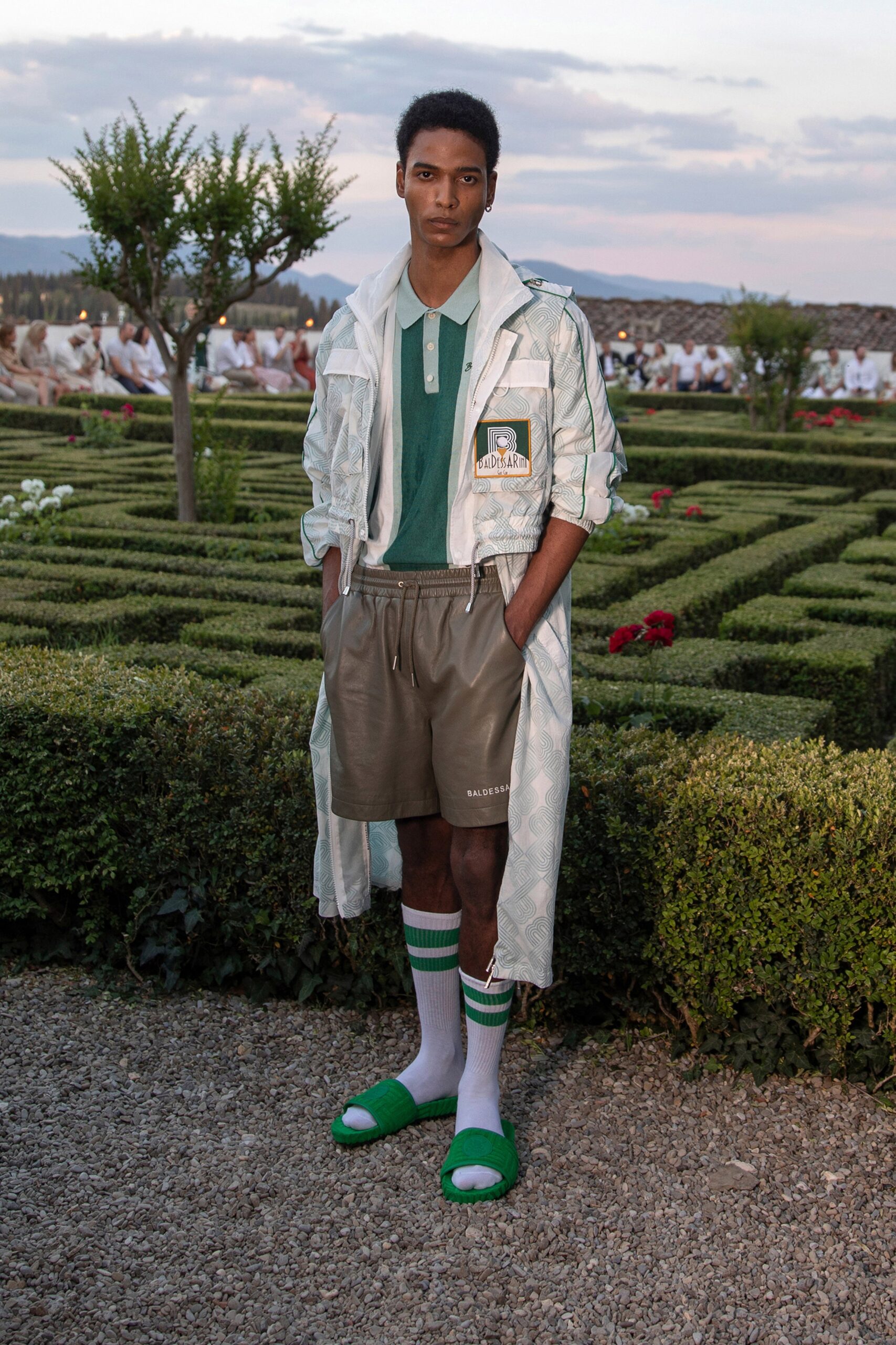 white silk coat with green shirt