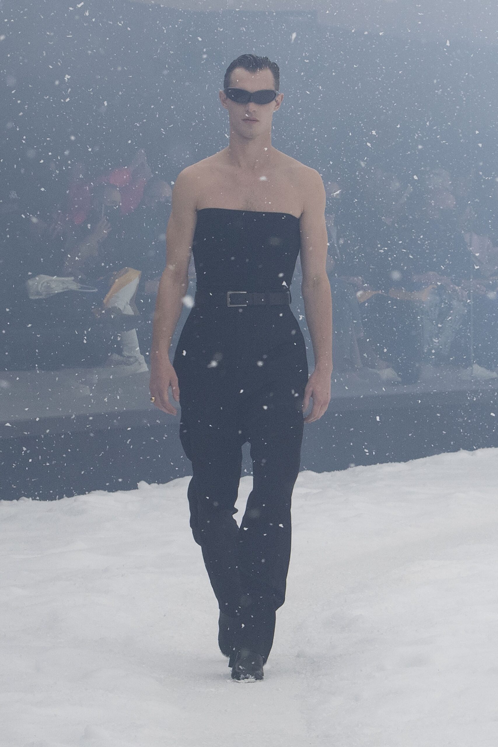 black fitted strapless jumpsuit