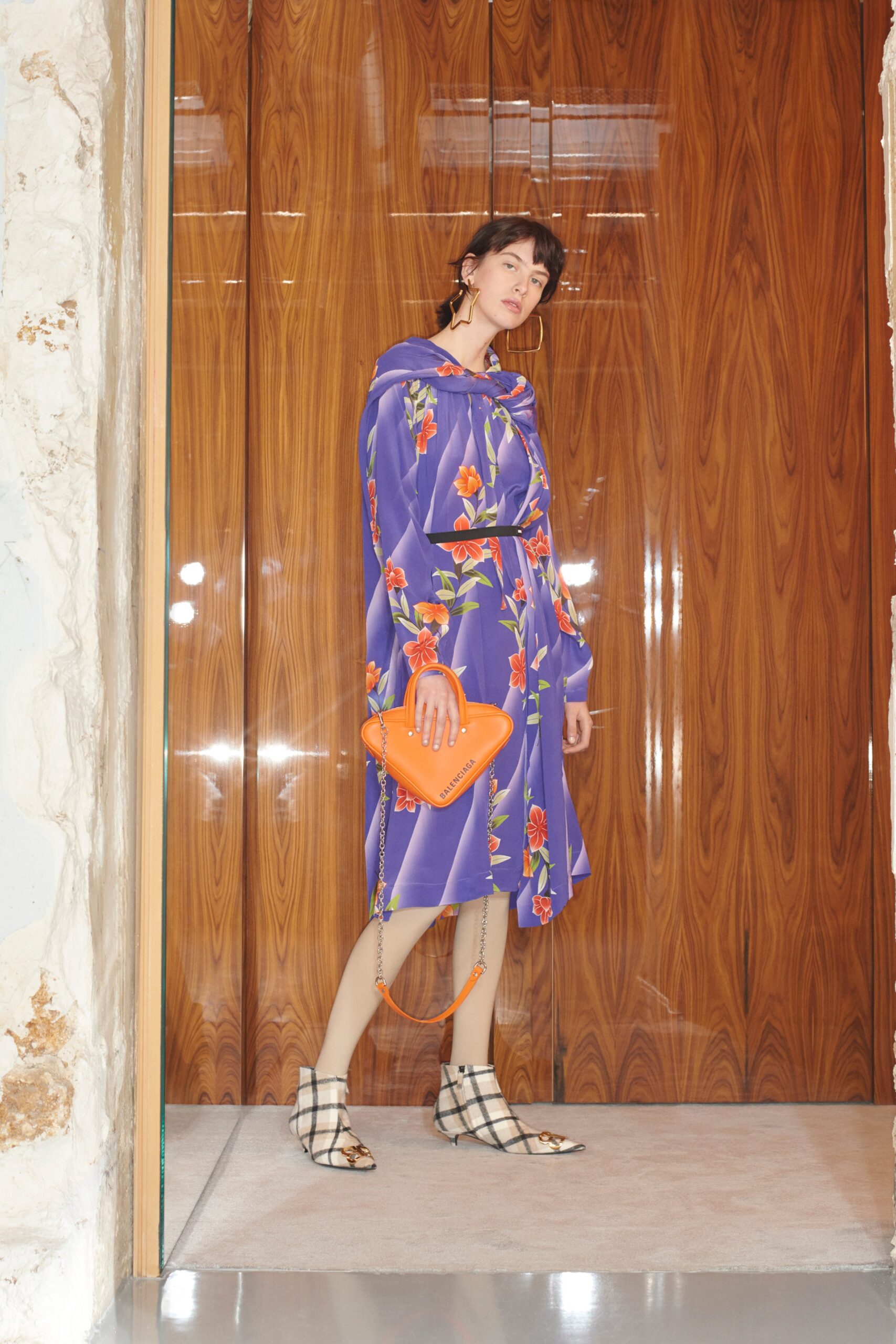 purple silk long-sleeve collared fitted floral midi dress