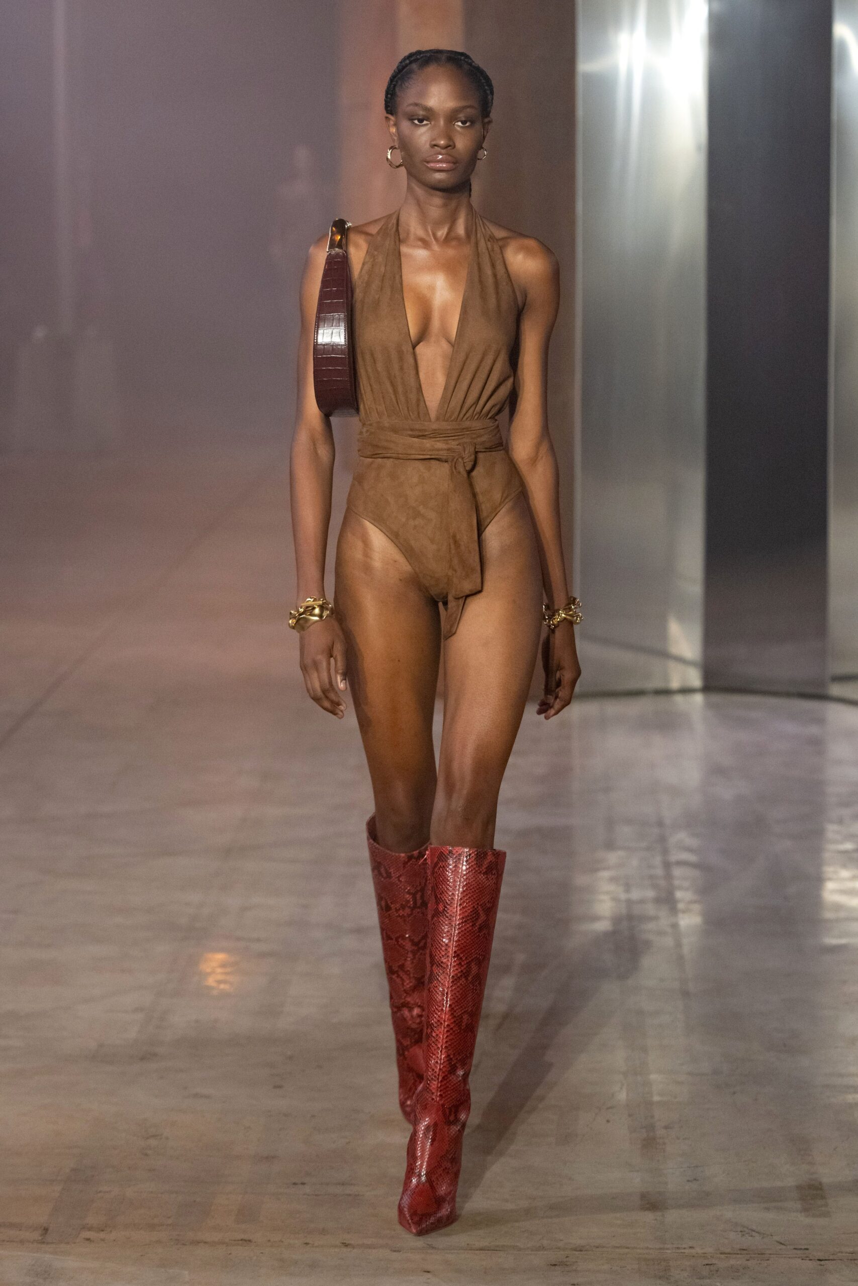 brown suede bikini with red boots