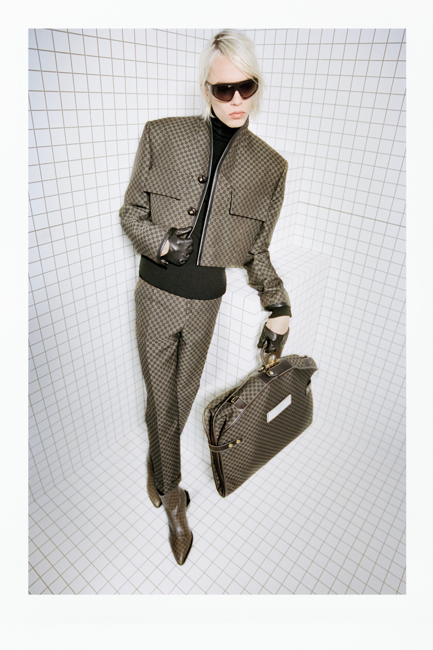 brown cotton long-sleeve collared tailored checked buttoned jacket