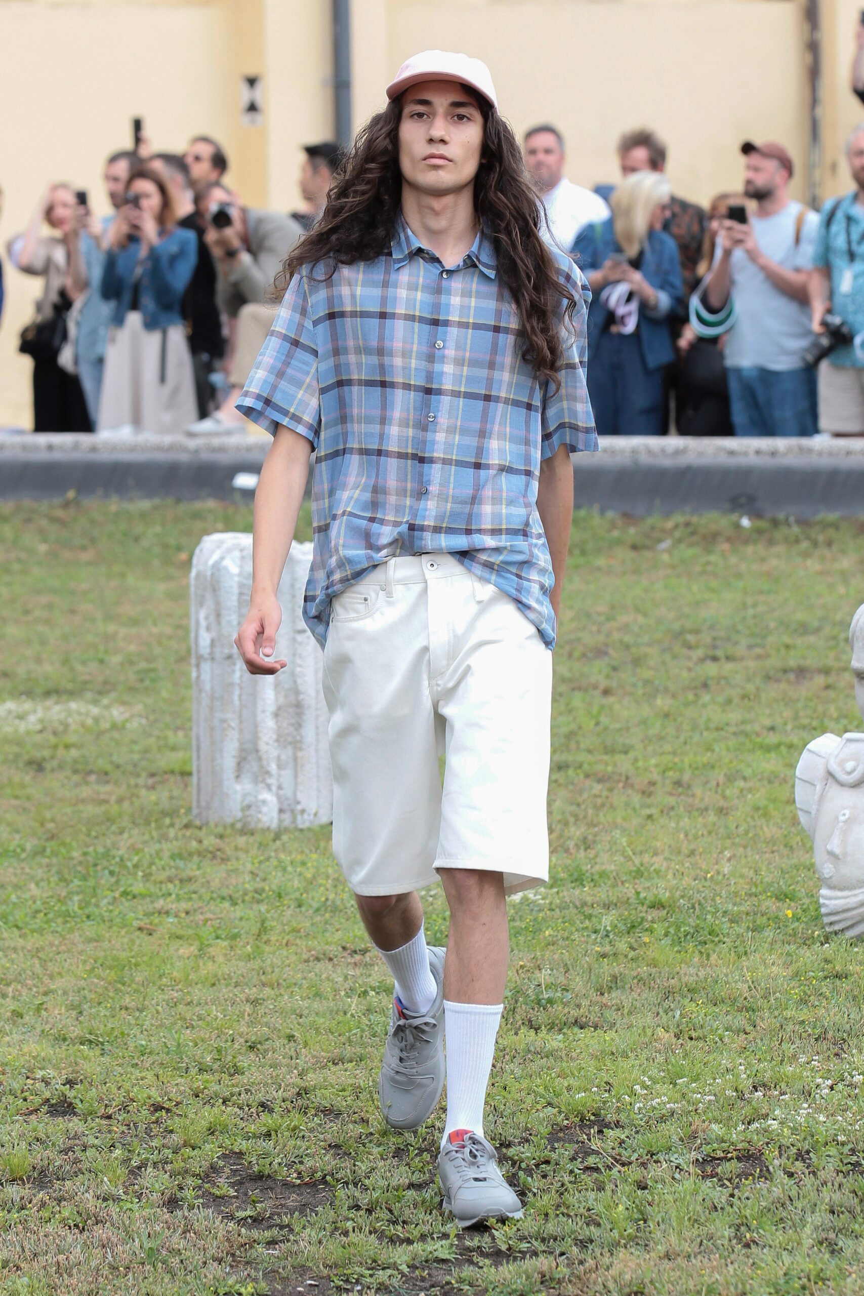 relaxed blue checked shirt with white shorts