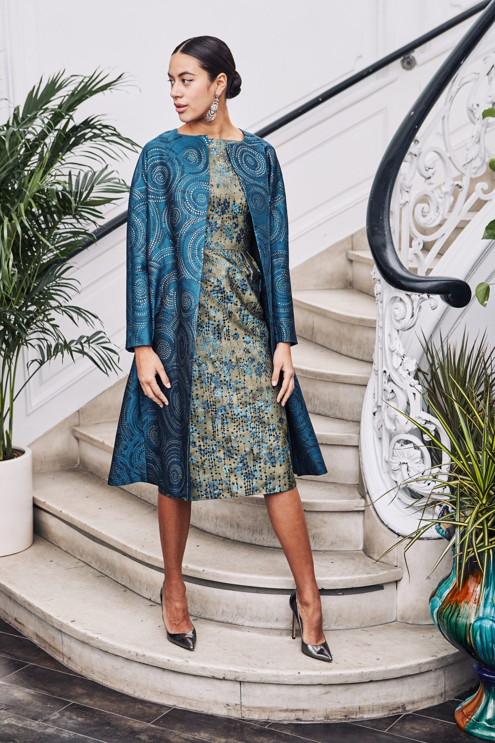blue green silk coat and dress
