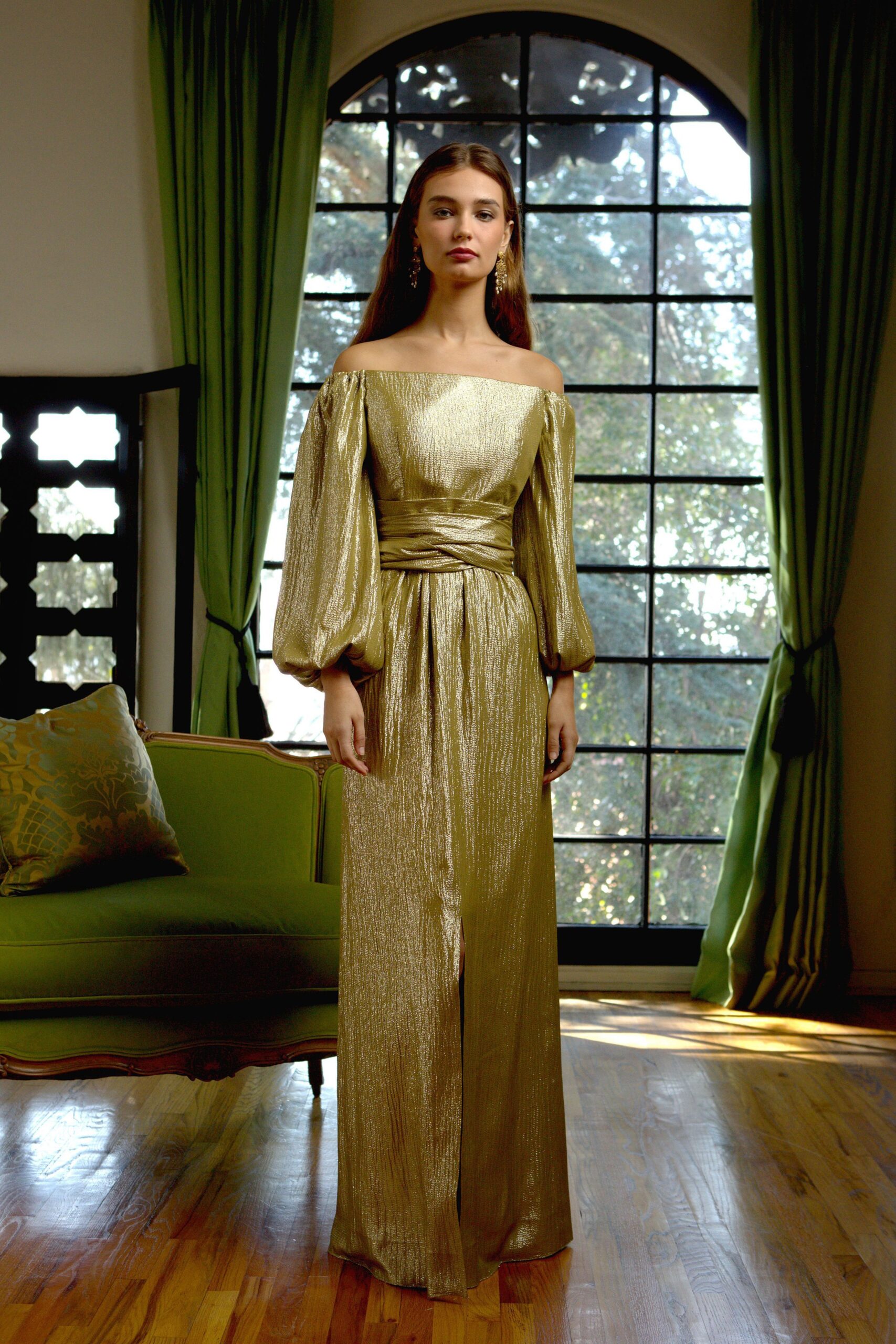 gold silk off-shoulder gown