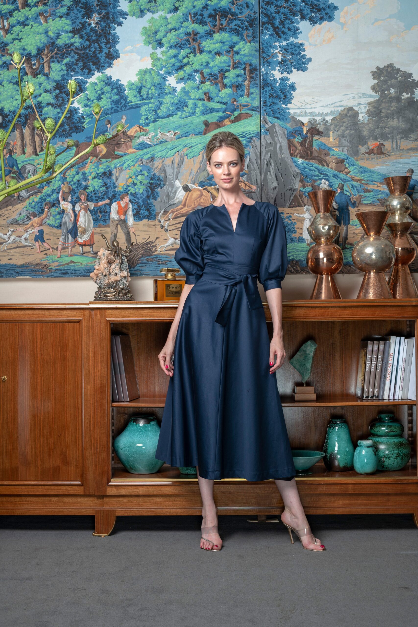 blue silk belted midi dress