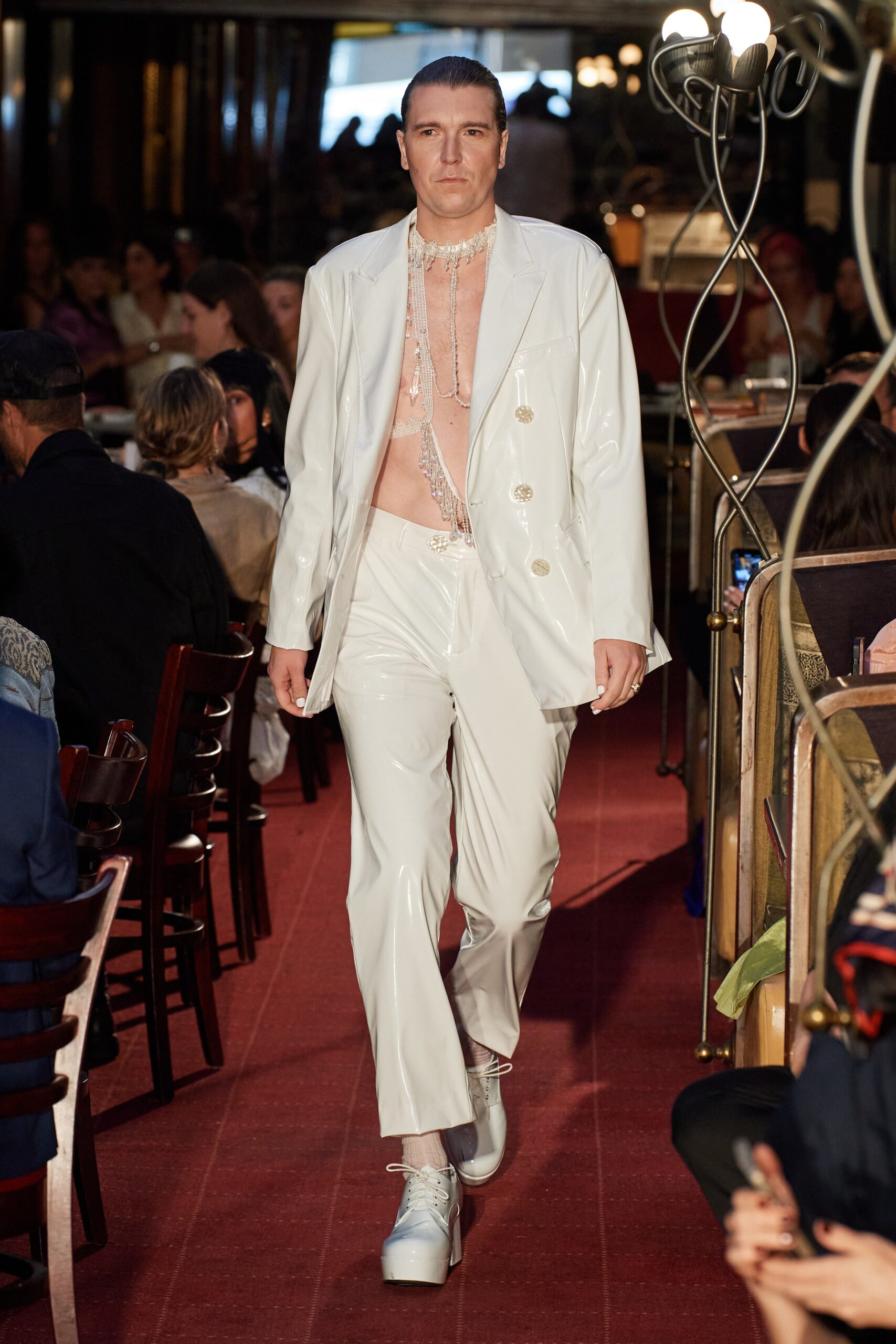 white vinyl long-sleeve collared tailored zippered shiny suit