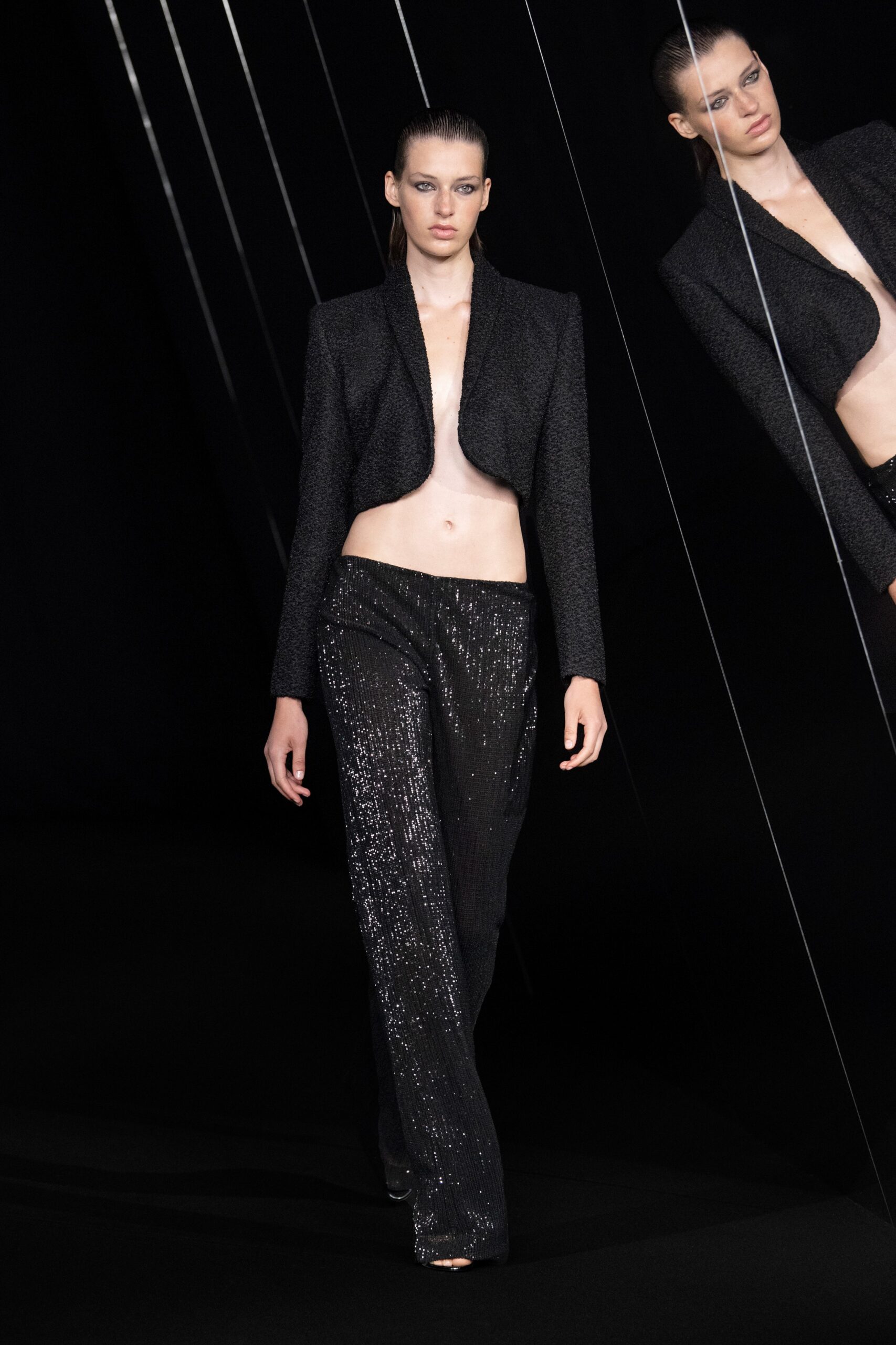 black silk fitted sequined straight-leg shiny pants