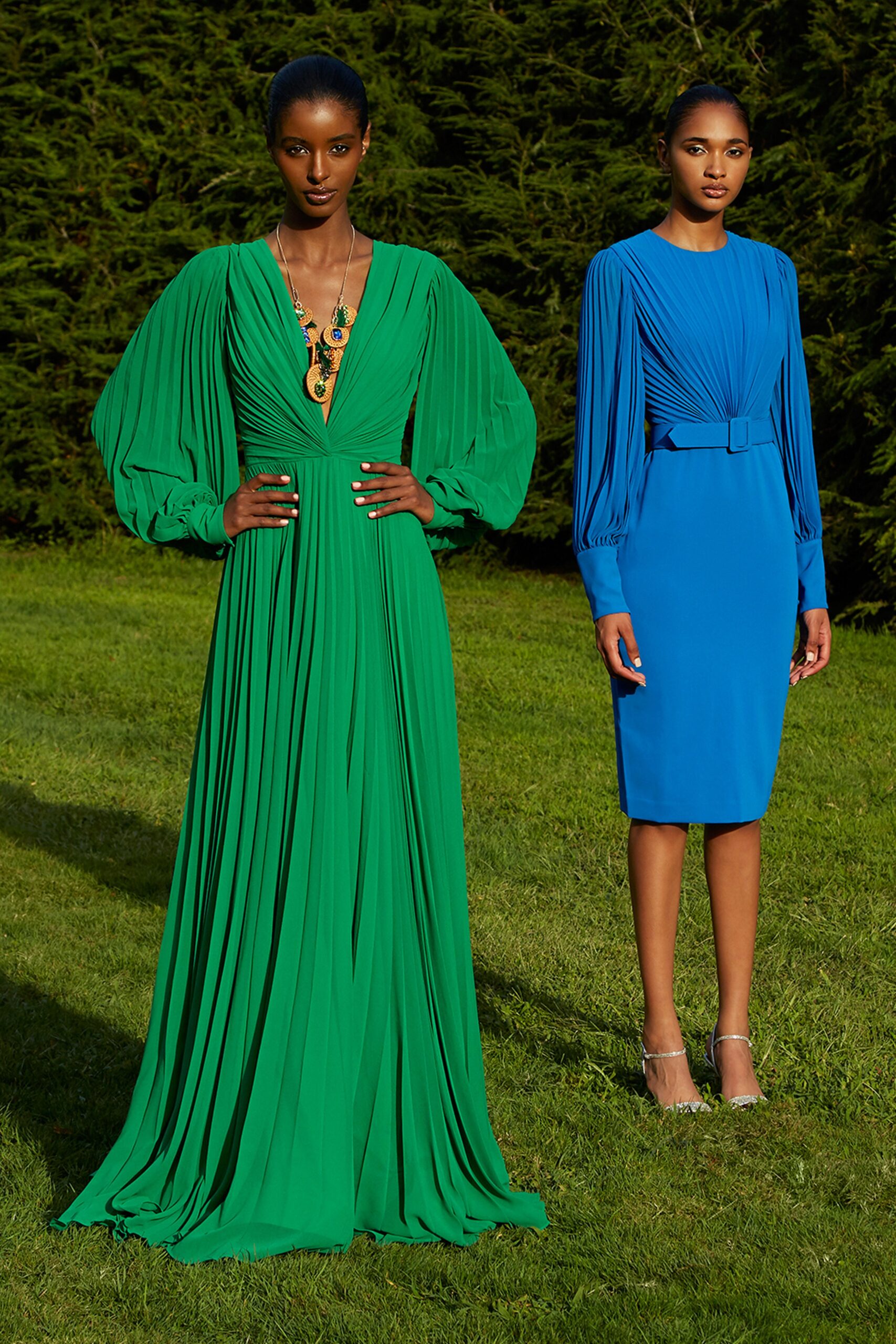 blue silk long-sleeve high-neck fitted pleated midi dress