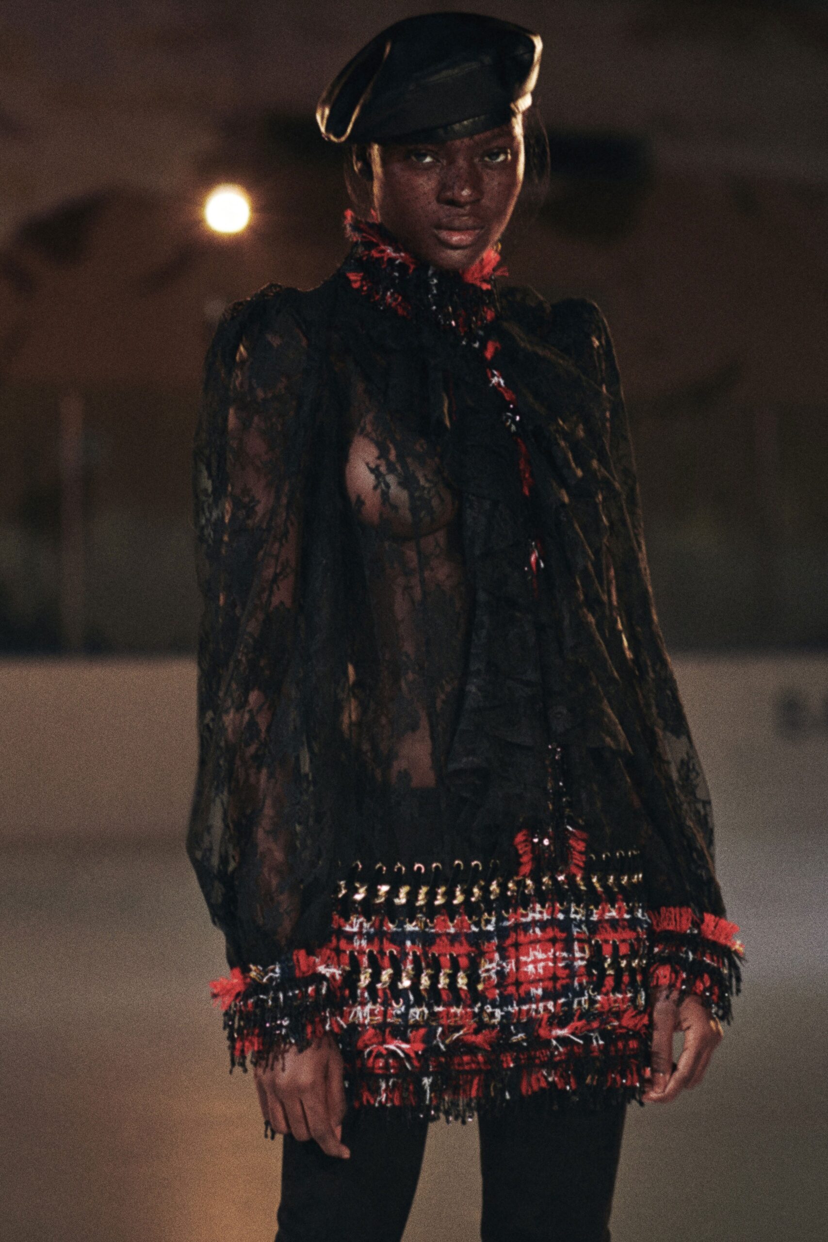 black lace blouse with tiered skirt