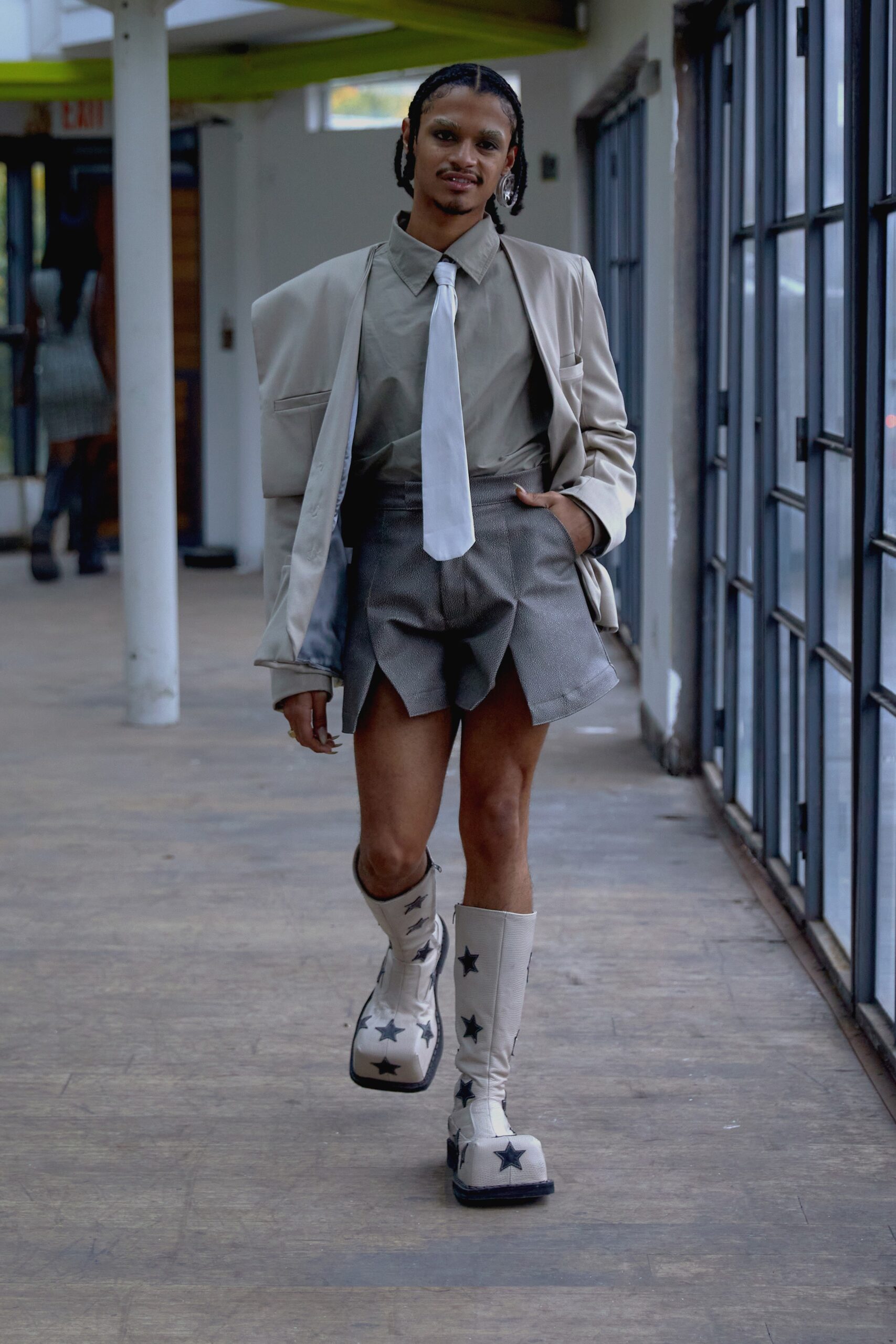 beige oversized jacket with gray shirt