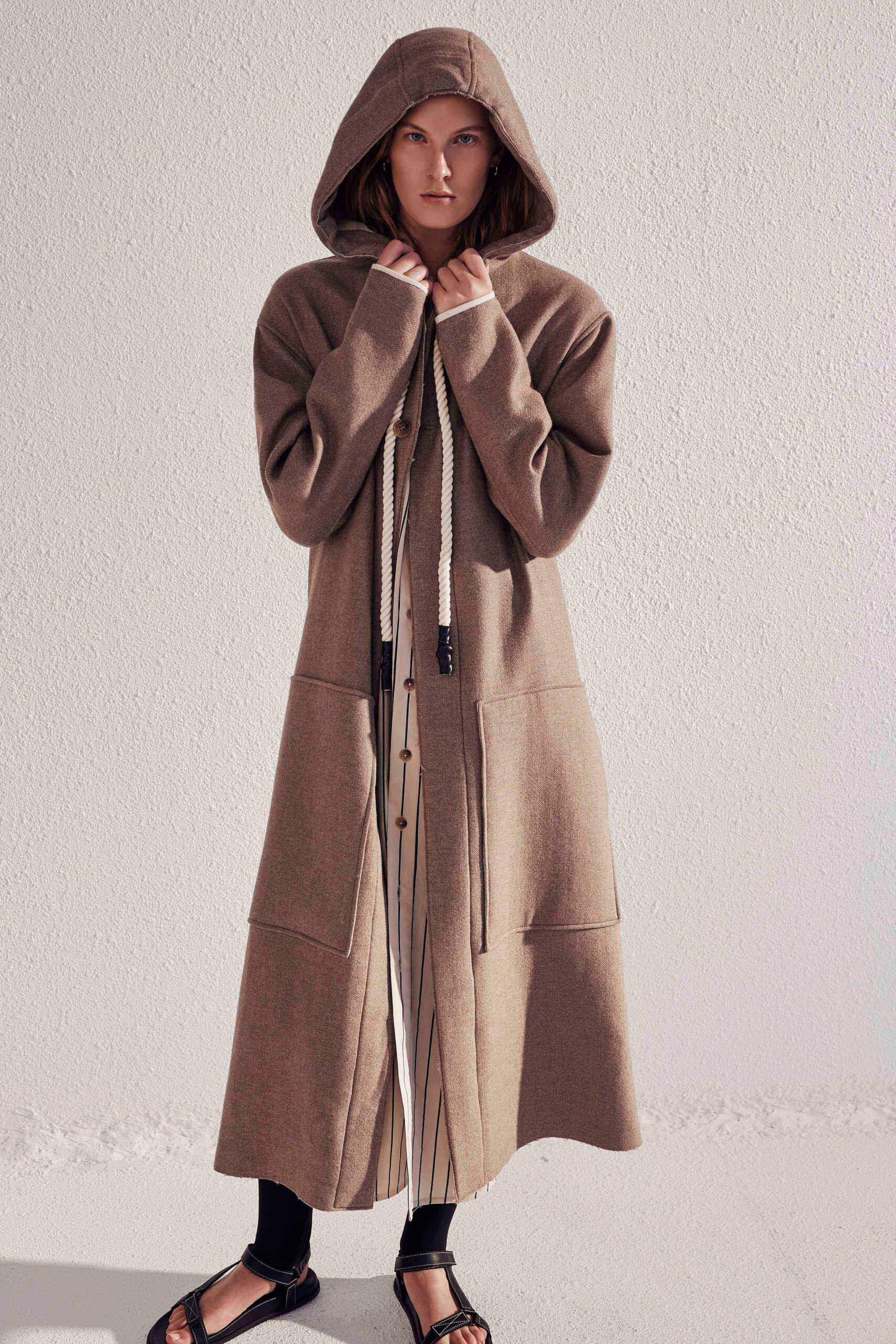 brown wool hooded coat with striped dress